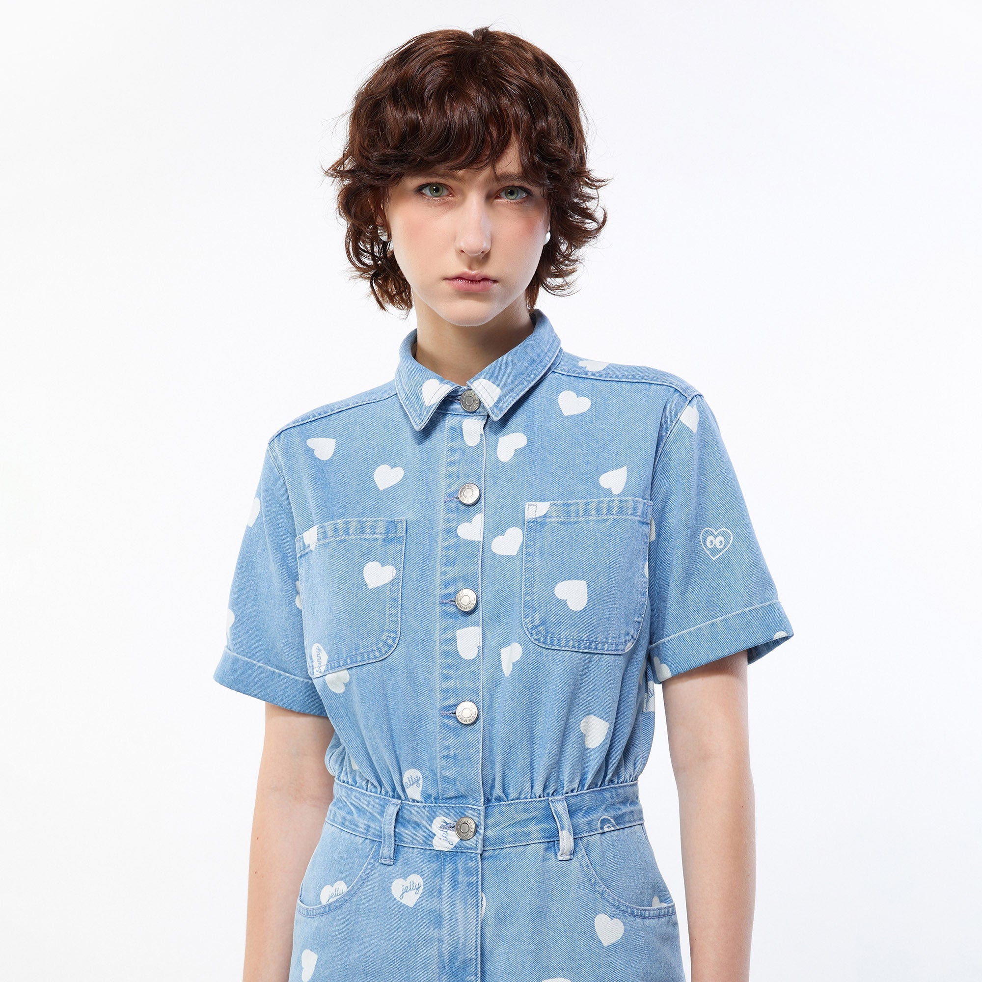 Heart Monogram Denim Romper Blue