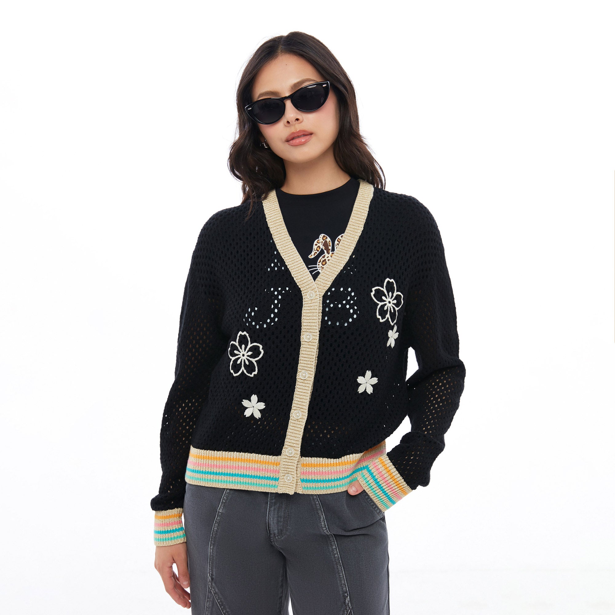 Crochet Sakura Long Sleeve Cardigan Black