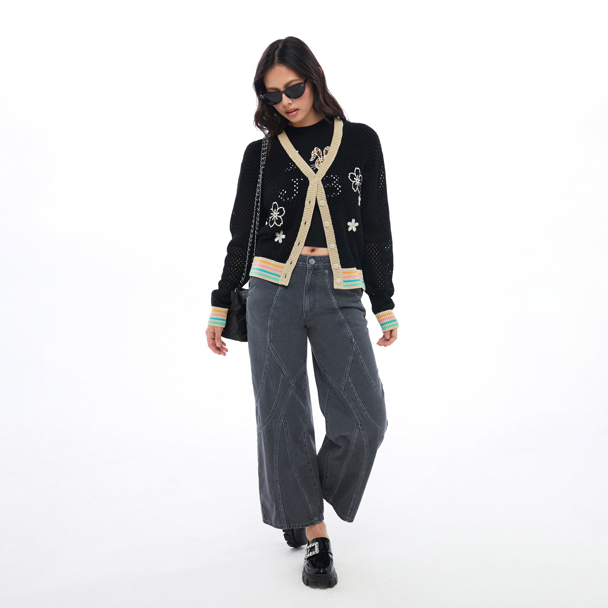 Crochet Sakura Long Sleeve Cardigan Black
