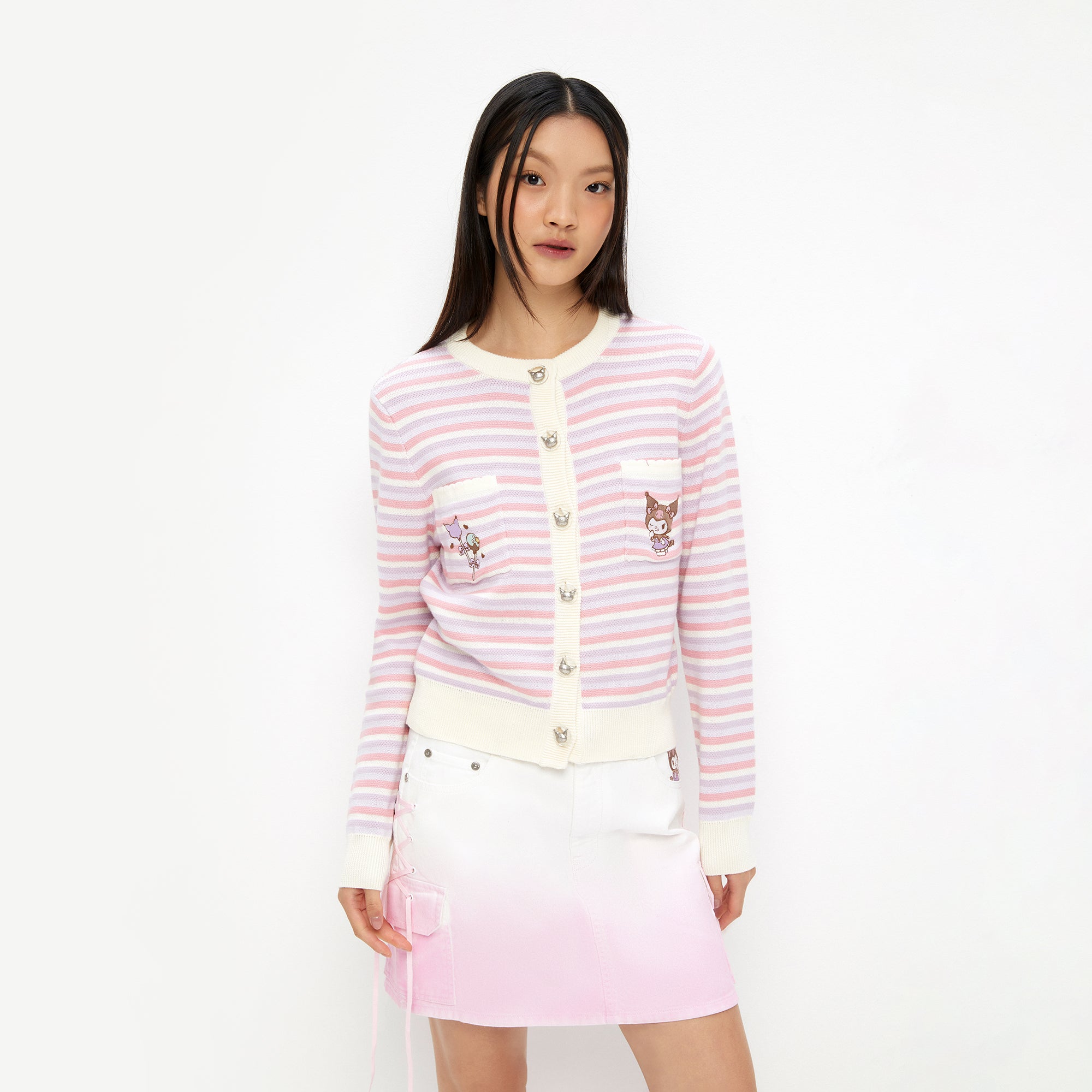 เสื้อคาร์ดิแกนแขนยาวลายทางปักลายการ์ตูน Kuromi  Multi Color