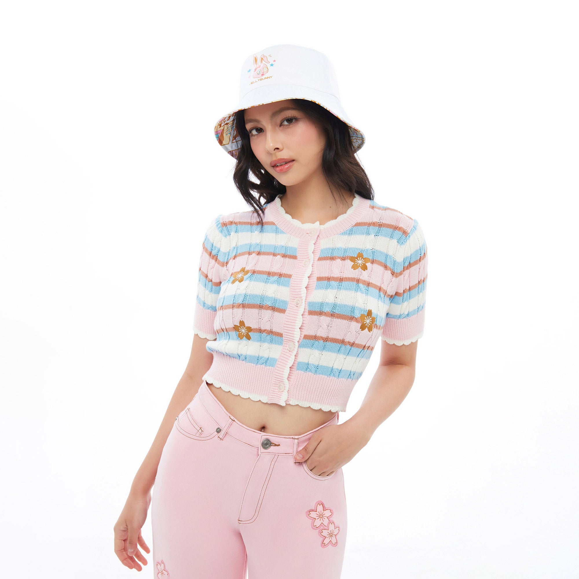 Stripe Sakura Cable Knitted Top Multi Color