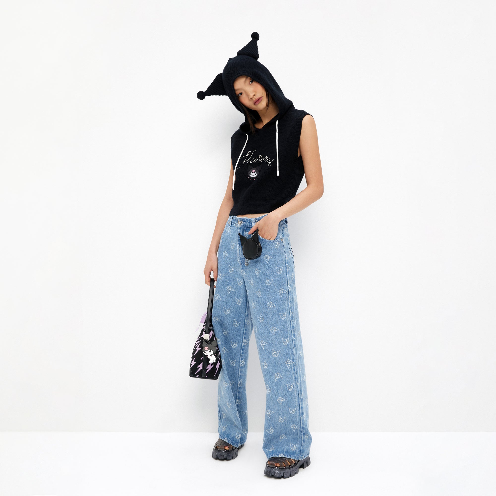 Kuromi Rib Sleeveless Hood Top Black