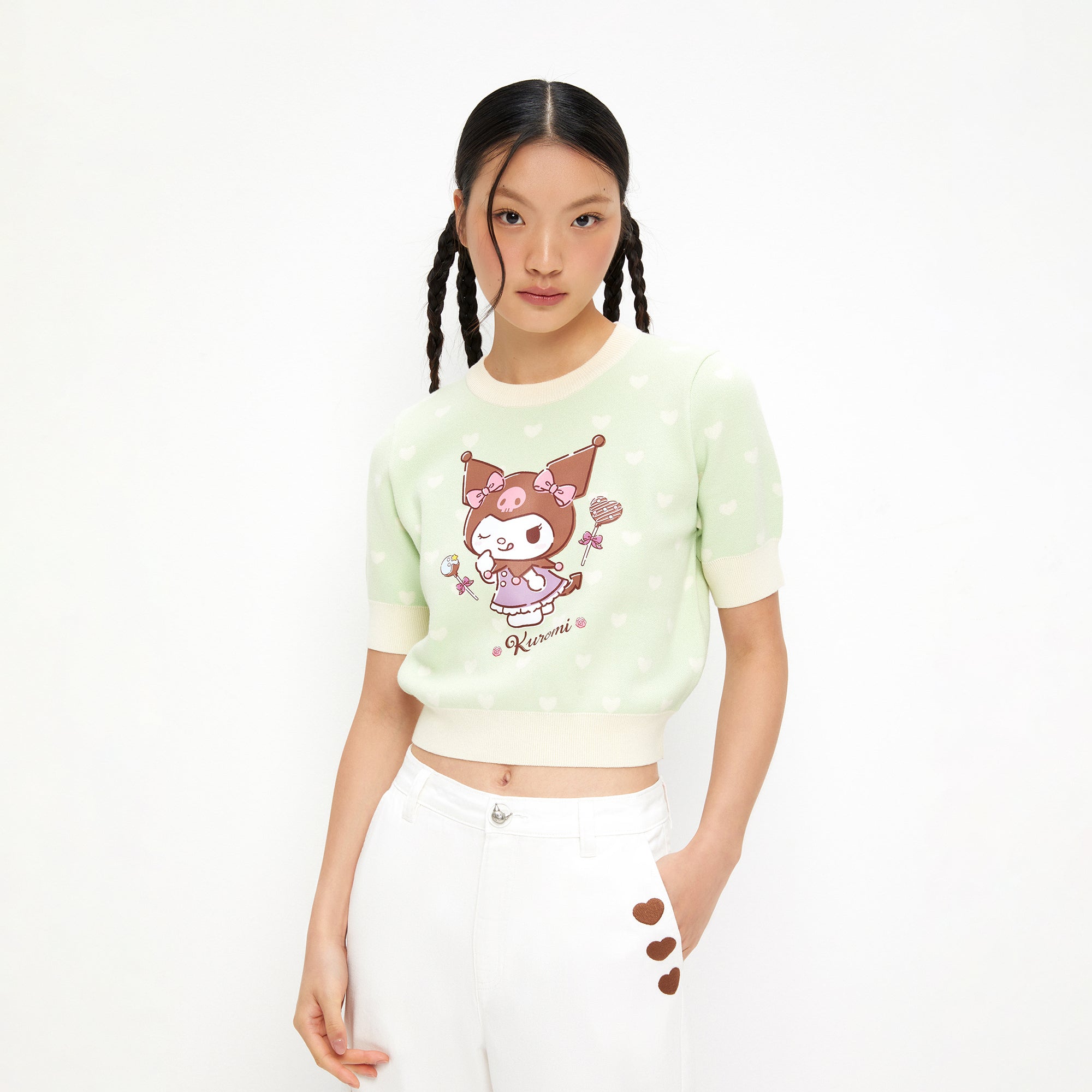 เสื้อถักแขนสั้นปักลายการ์ตูน Kuromi Green