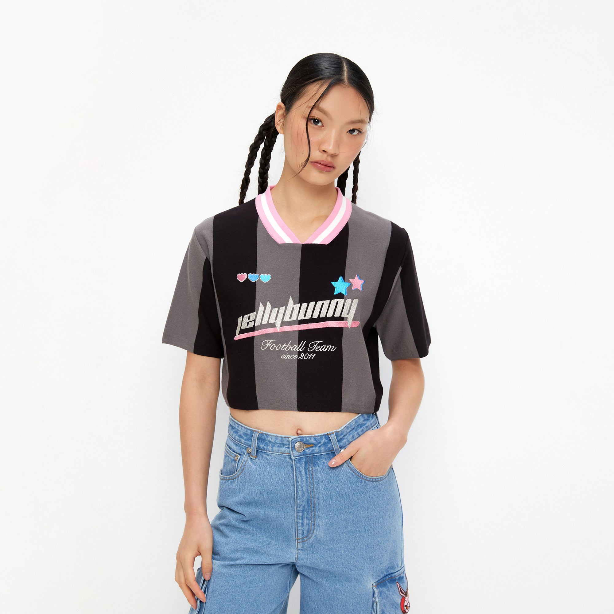 เสื้อครอปแขนสั้นลายทาง Multi Color