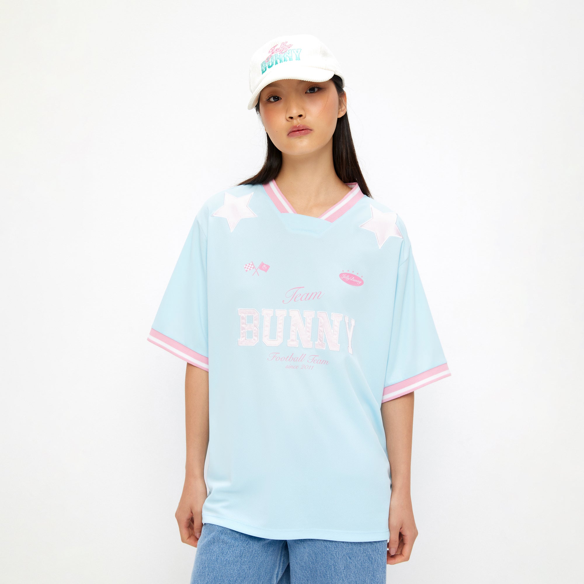 เสื้อโอเวอร์ไซส์แขนสั้นปักลาย Blue