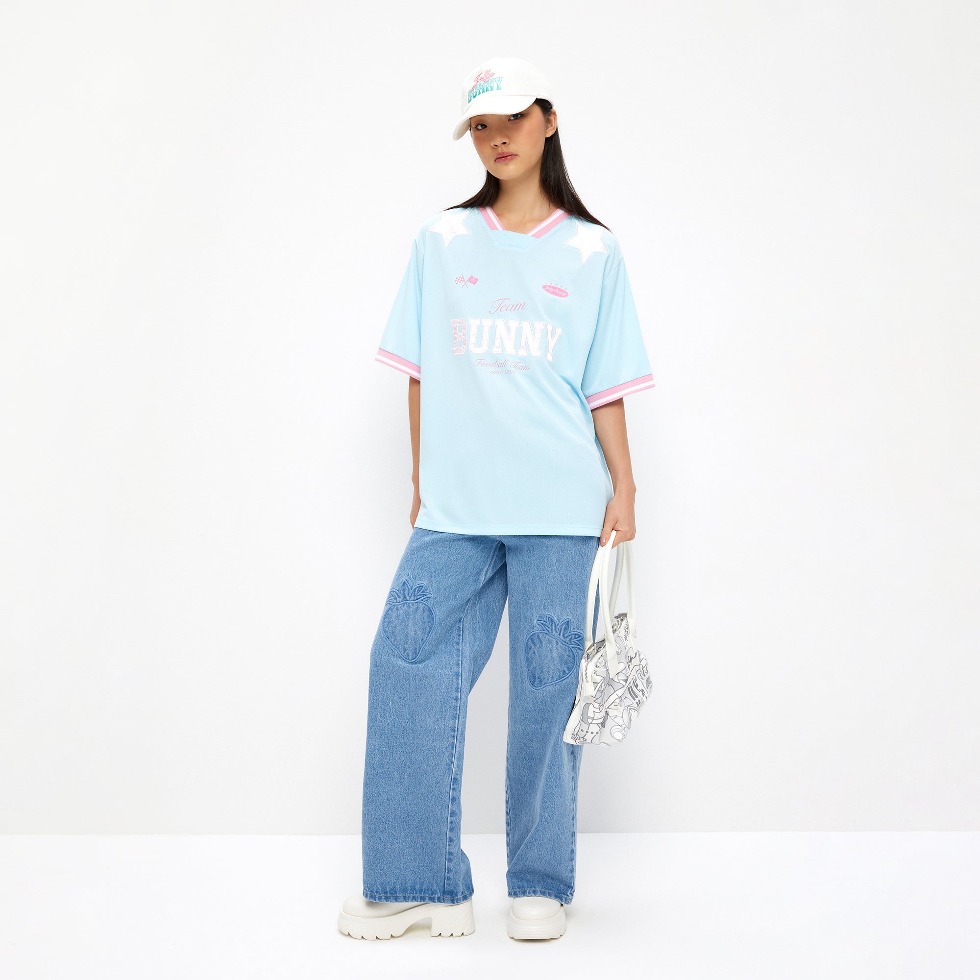 เสื้อโอเวอร์ไซส์แขนสั้นปักลาย Blue
