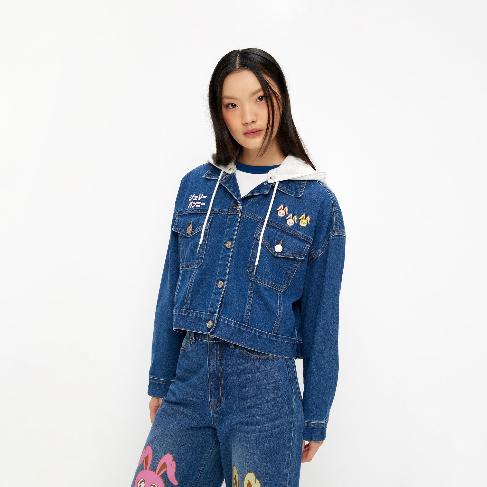 เสื้อแจ็คเก็ตเดนิมคอเสื้อฮู้ด Blue