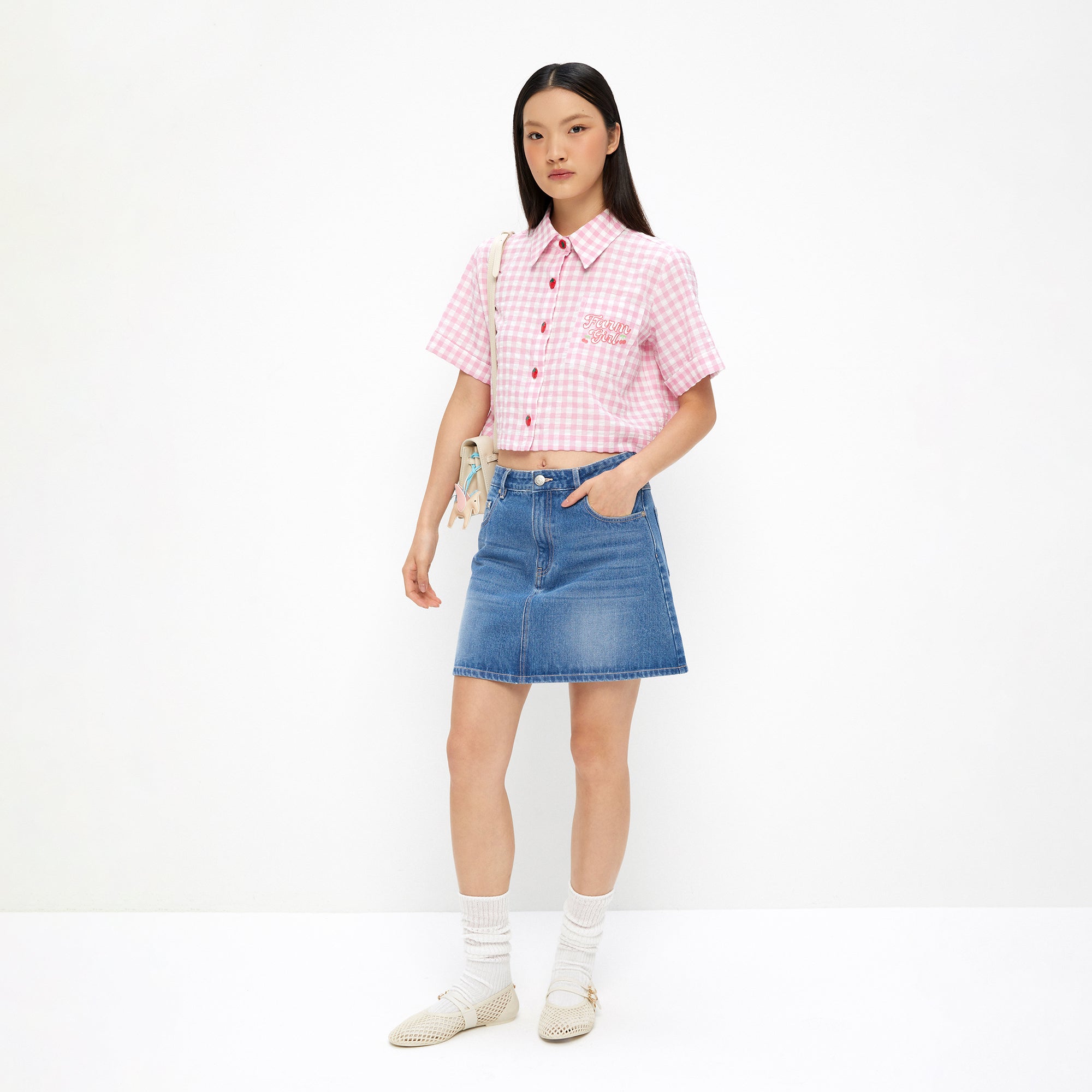 Crop Checkered Short Sleeve Shirt Pink