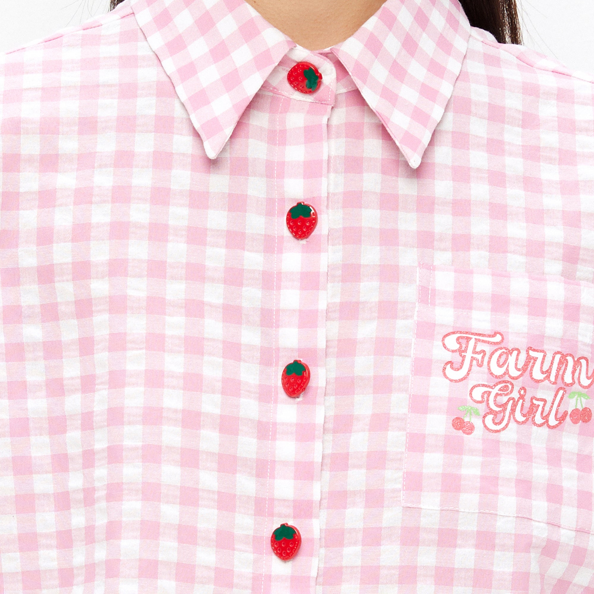 Crop Checkered Short Sleeve Shirt Pink