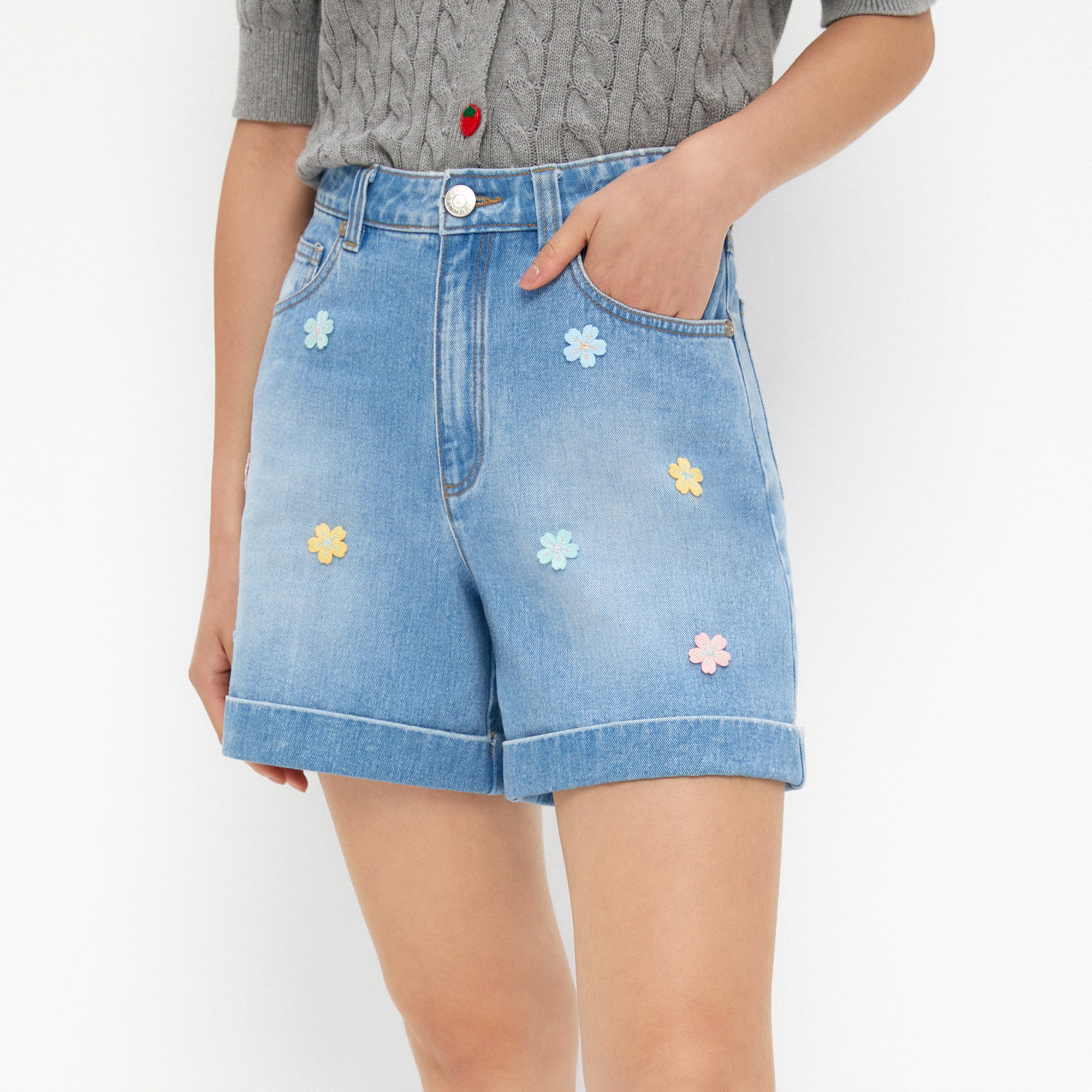Sakura Embellished Denim Shorts Blue