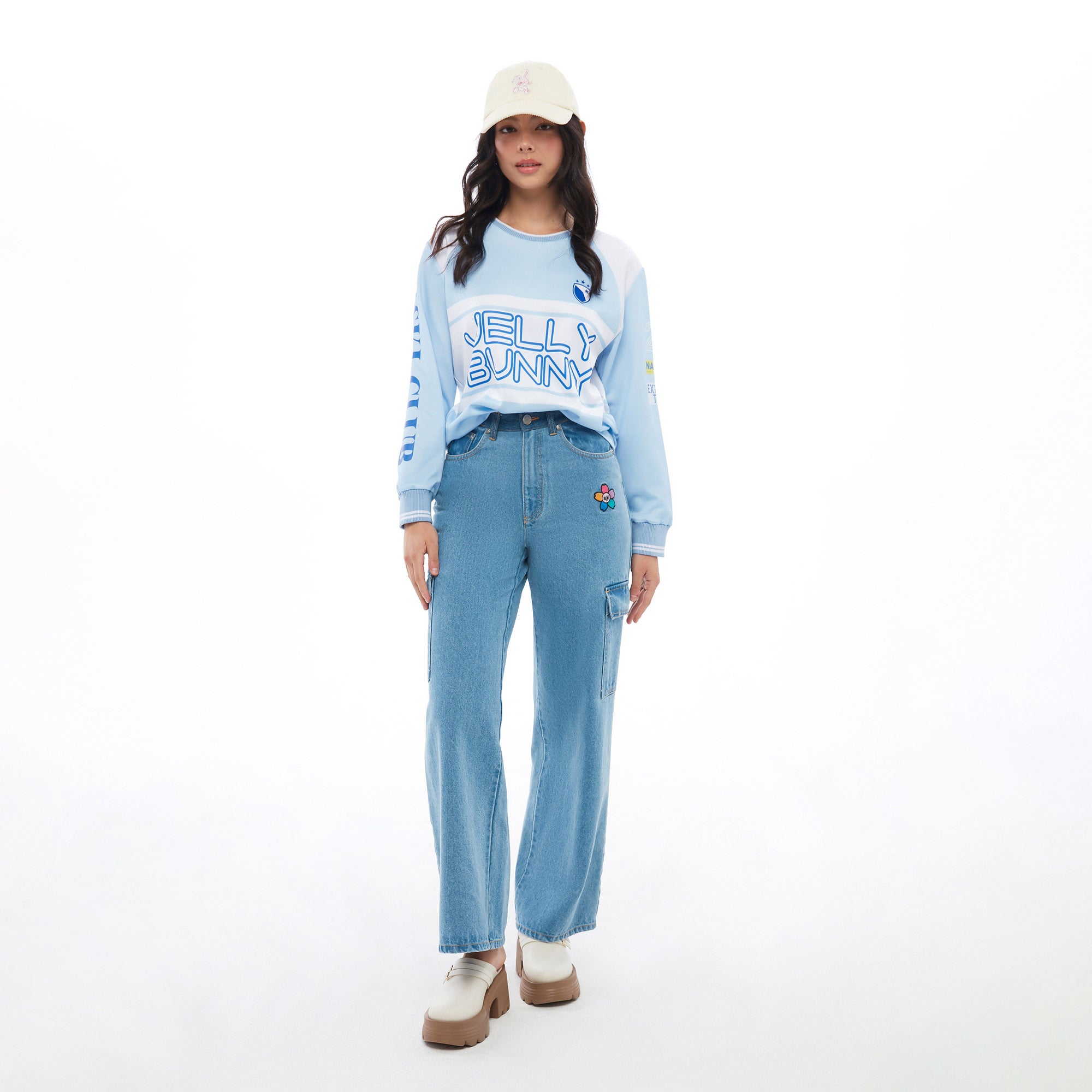 Sakura Embroidery Denim Pants Blue