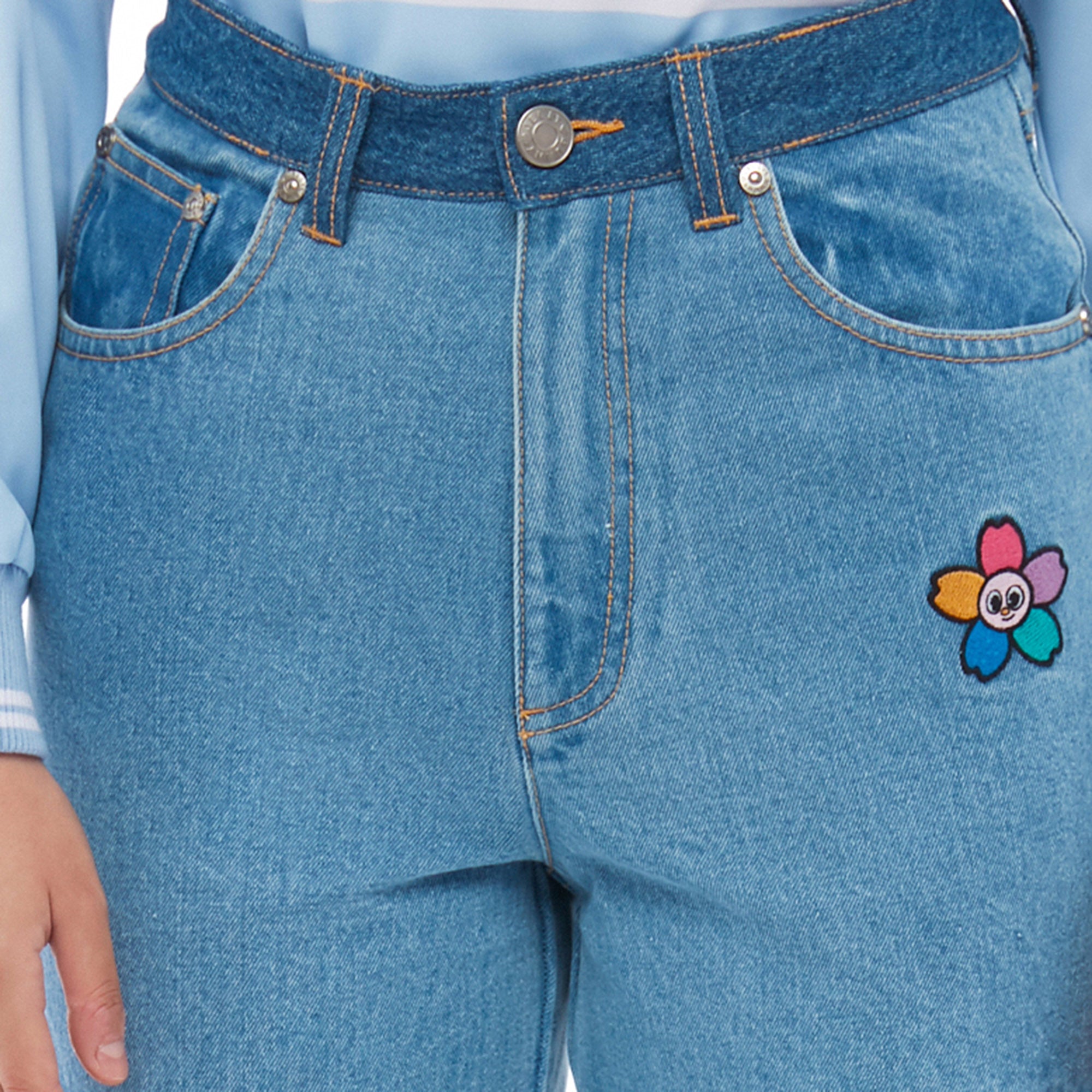 Sakura Embroidery Denim Pants Blue