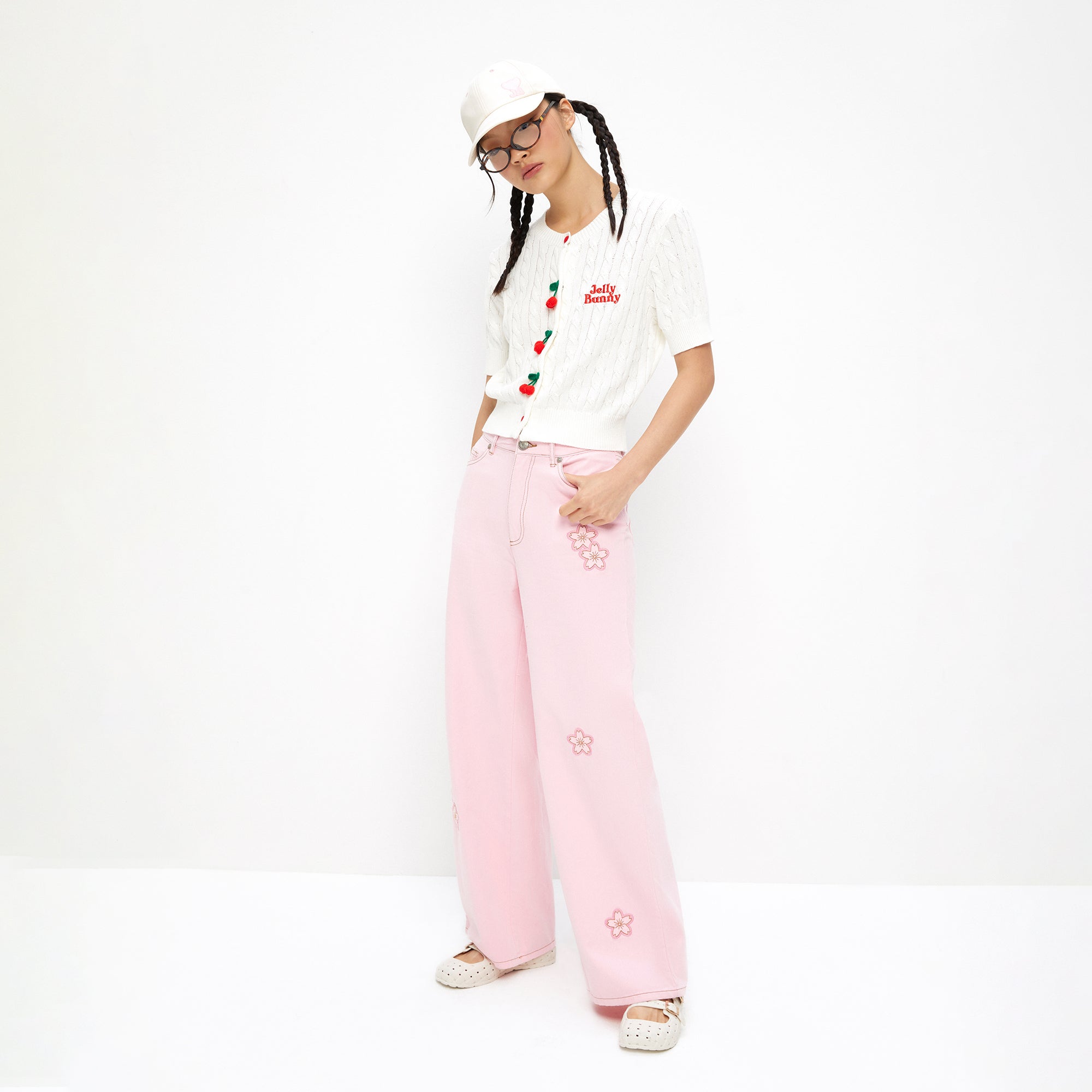 Sakura Embroidery Pants Pink