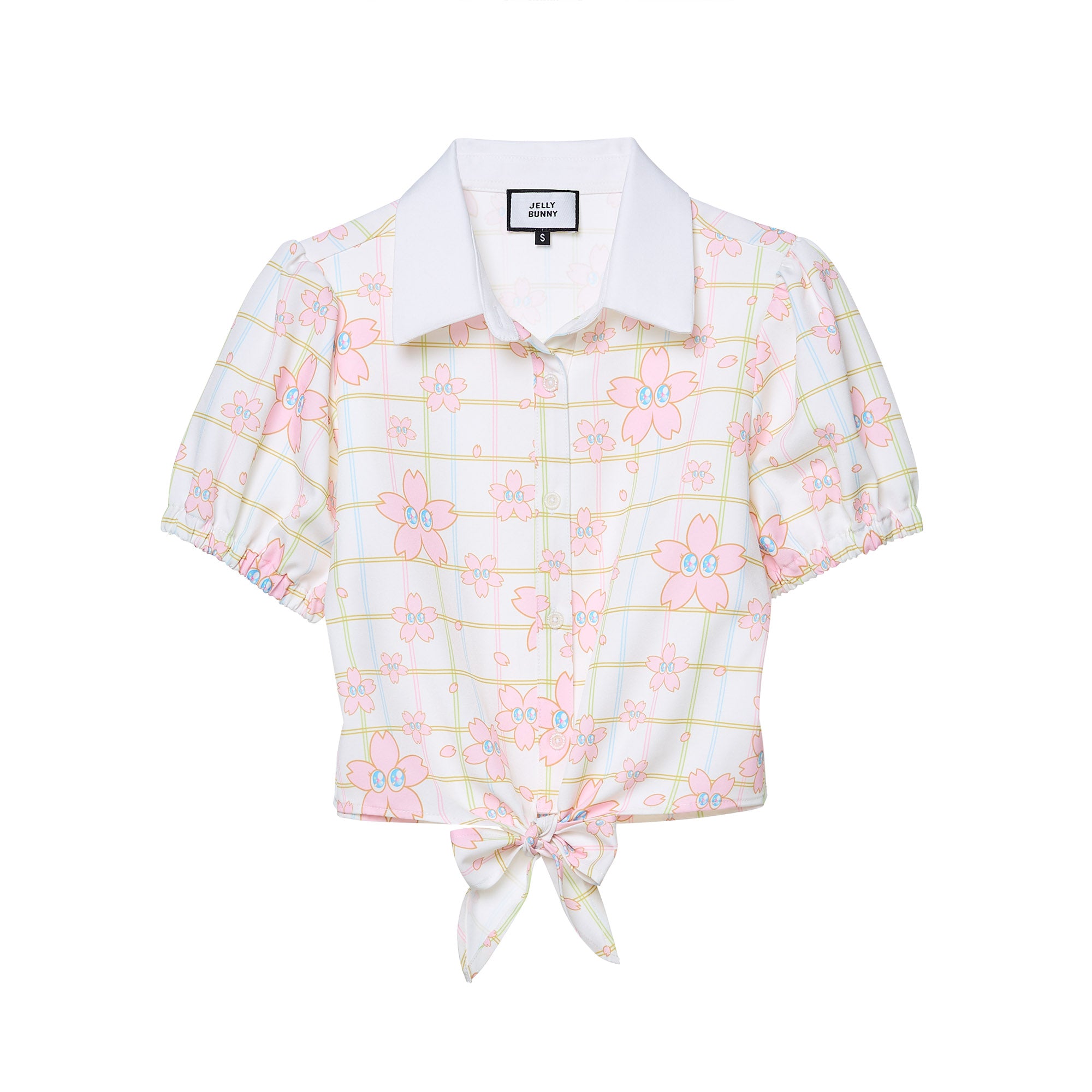 Sakura Print Puff Sleeve Shirt White