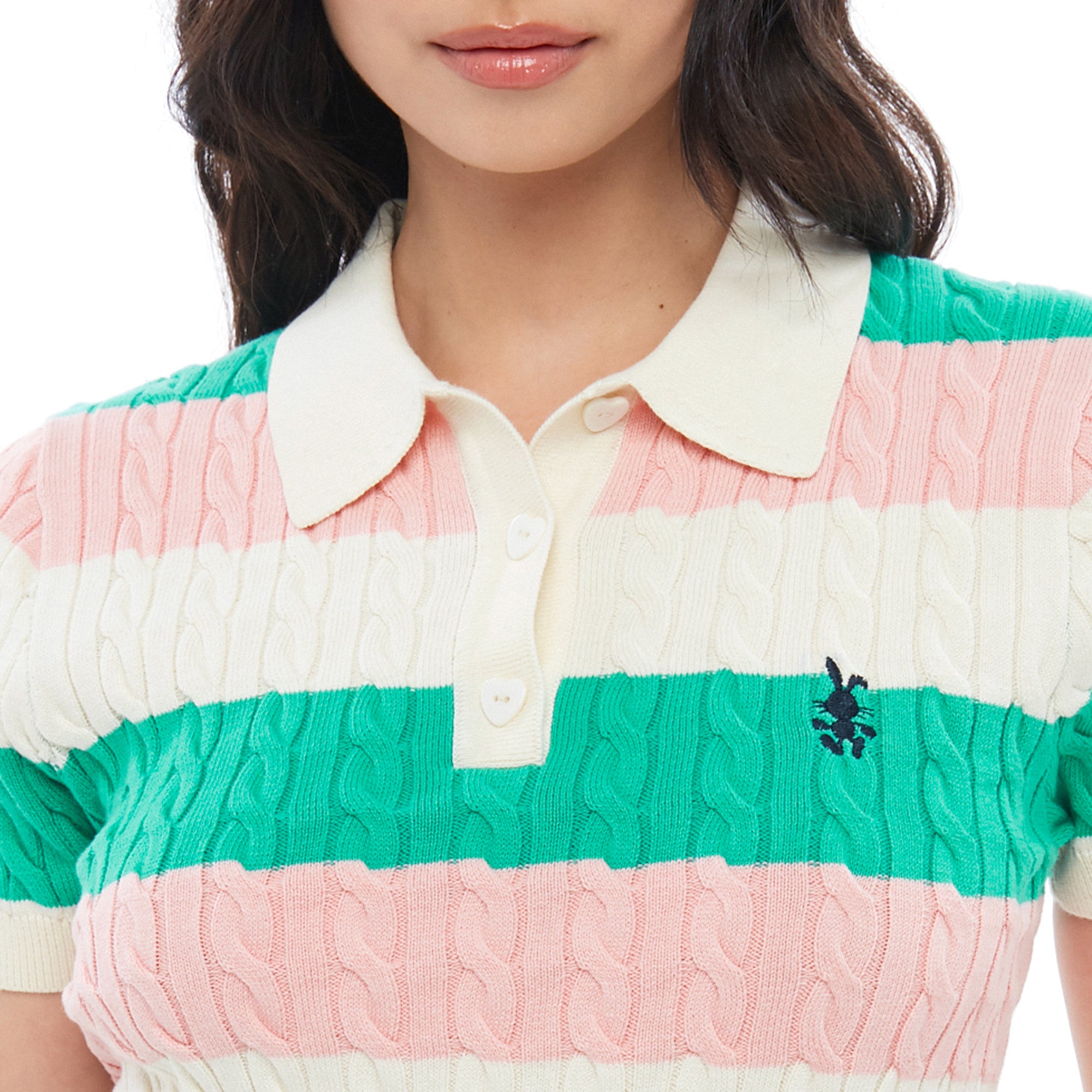 Cable Knitted Stripe Polo T-Shirt Multi Color