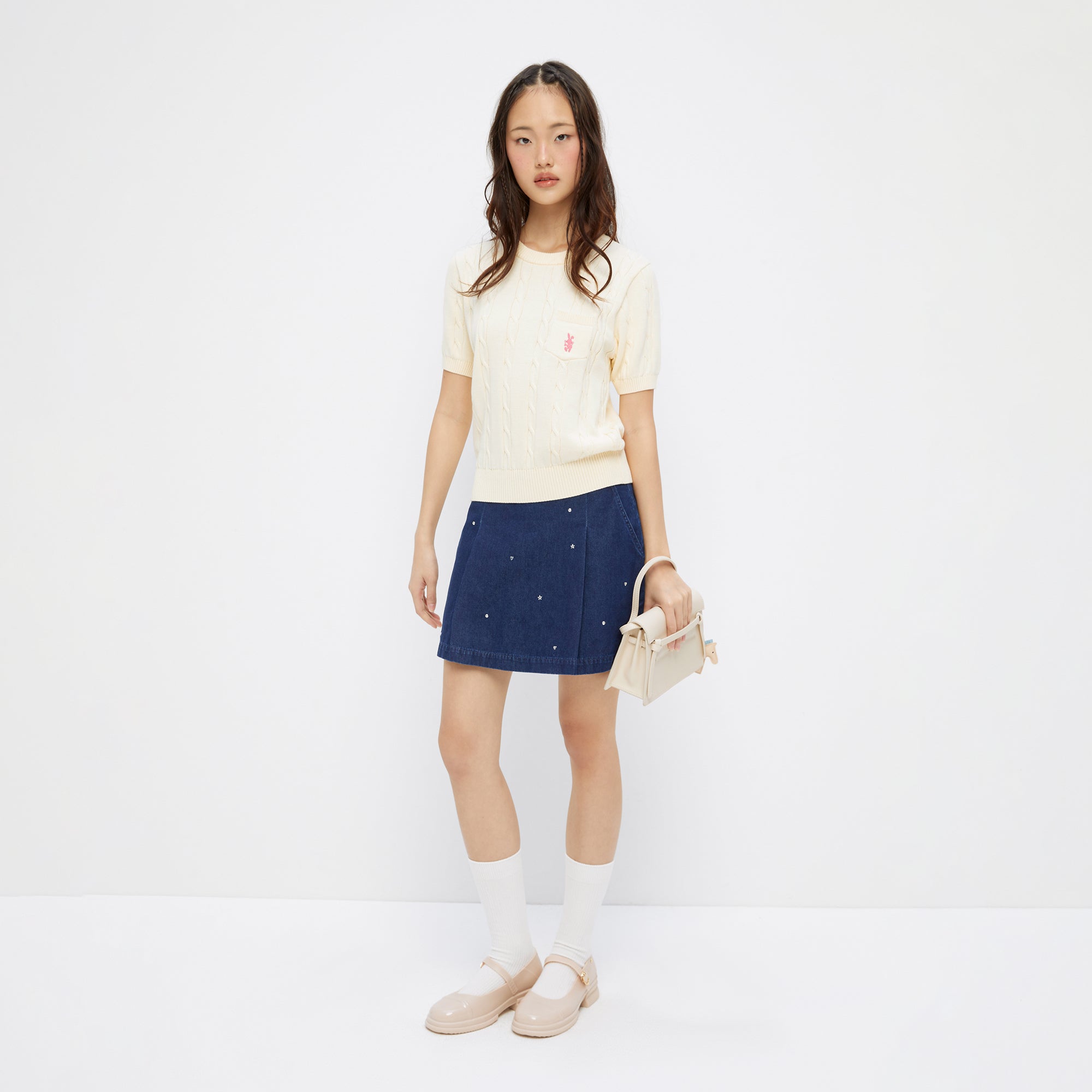 Cable Knitted Short Sleeve T-Shirt Cream