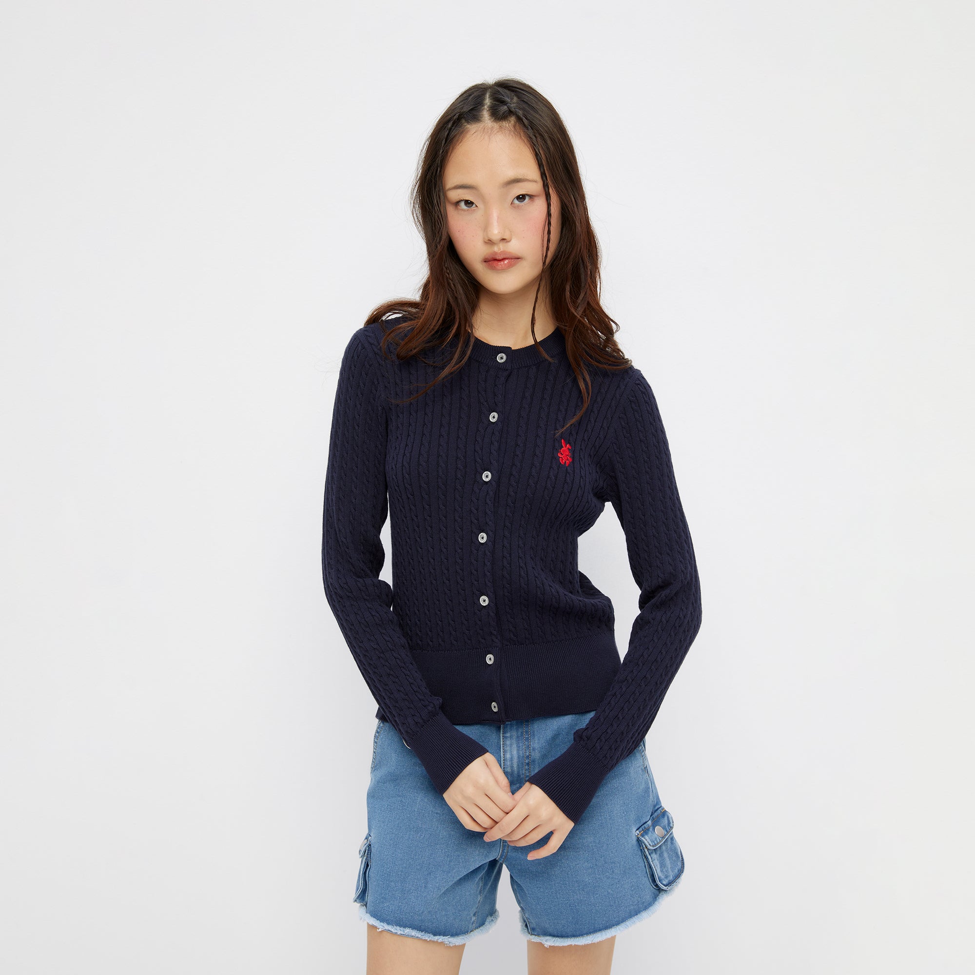 เสื้อคาร์ดิแกนถักเคเบิ้ลปักลาย Navy