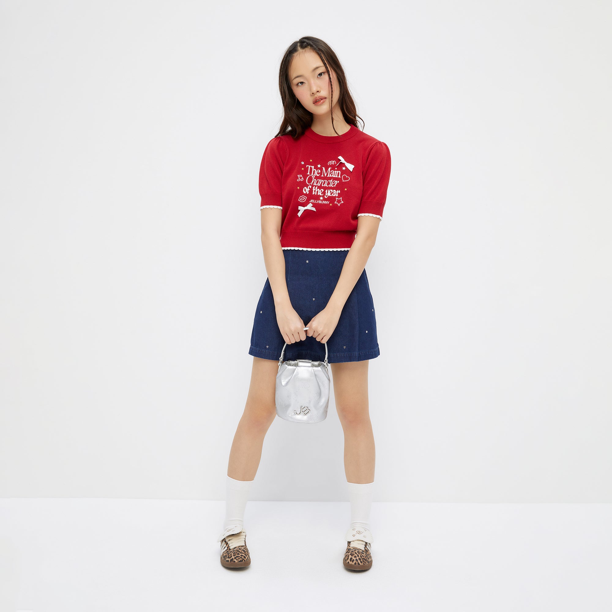 Knitted Embroidery Short Sleeve Top Red