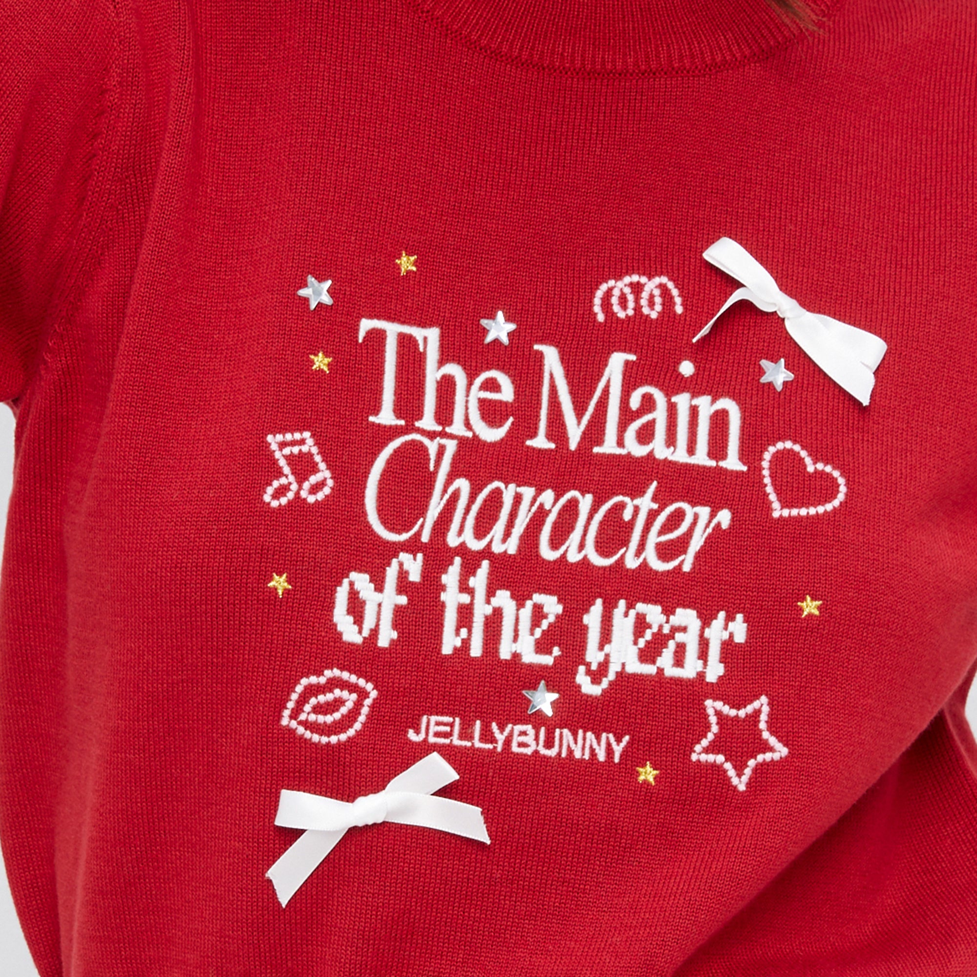 Knitted Embroidery Short Sleeve Top Red