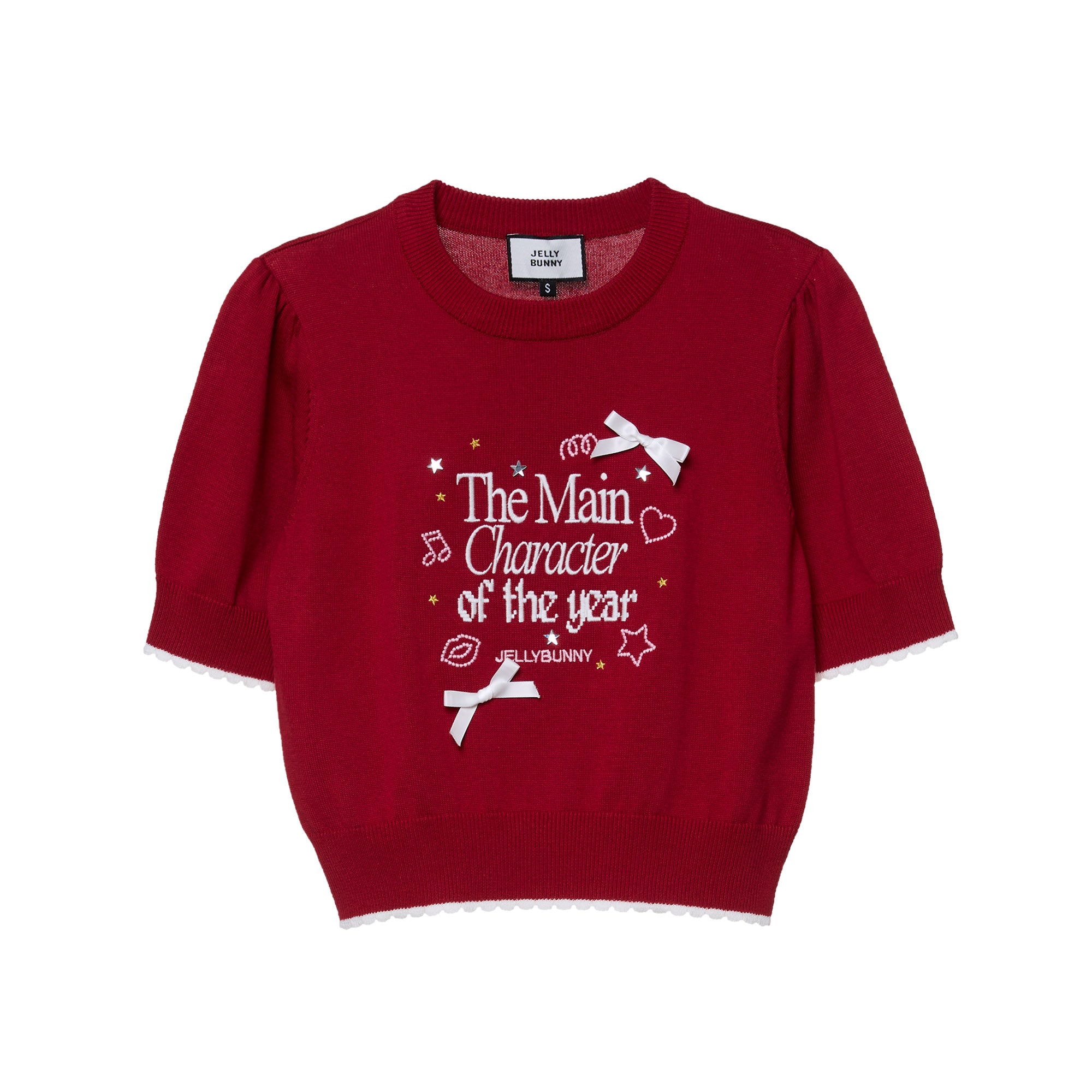 Knitted Embroidery Short Sleeve Top Red