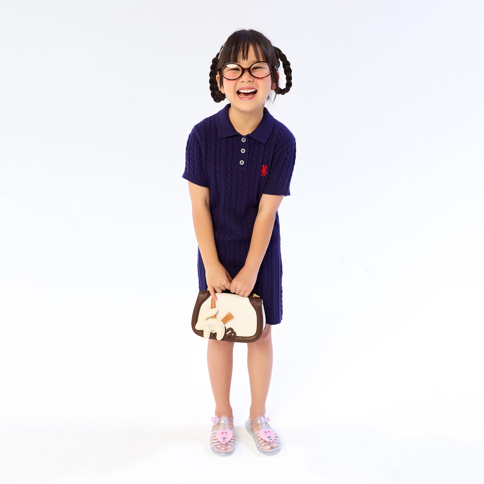 เดรสสั้นถักเคเบิ้ลปักลาย Jerme สำหรับเด็กผู้หญิง Navy