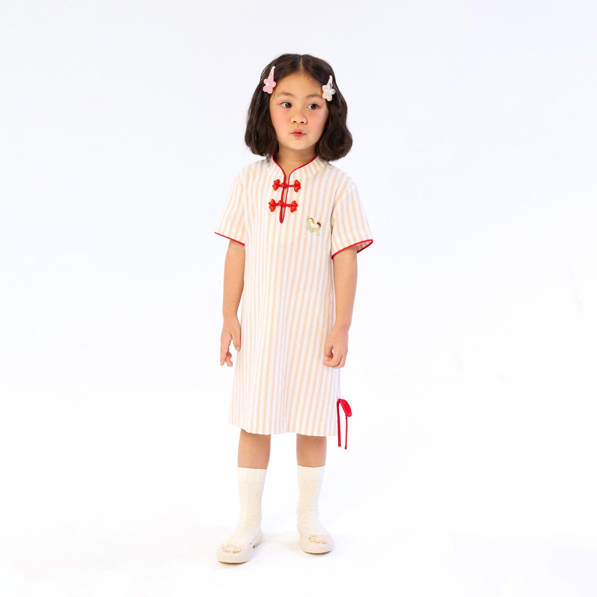 เดรสสั้นลายทางคอเสื้อแมนดาริน สำหรับเด็กผู้หญิง Beige