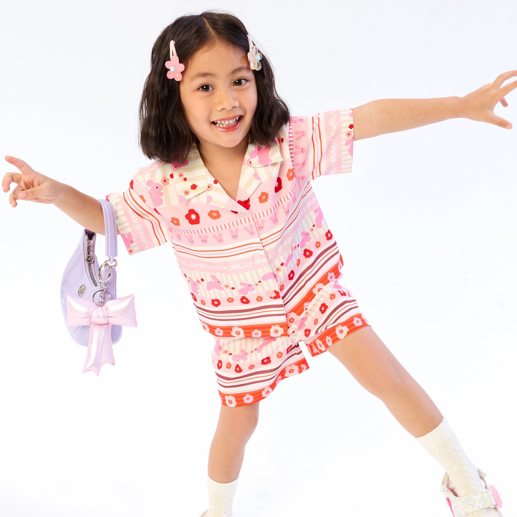 Rabbit Blossom Shirt And Shorts Set For Mini Girls Pink