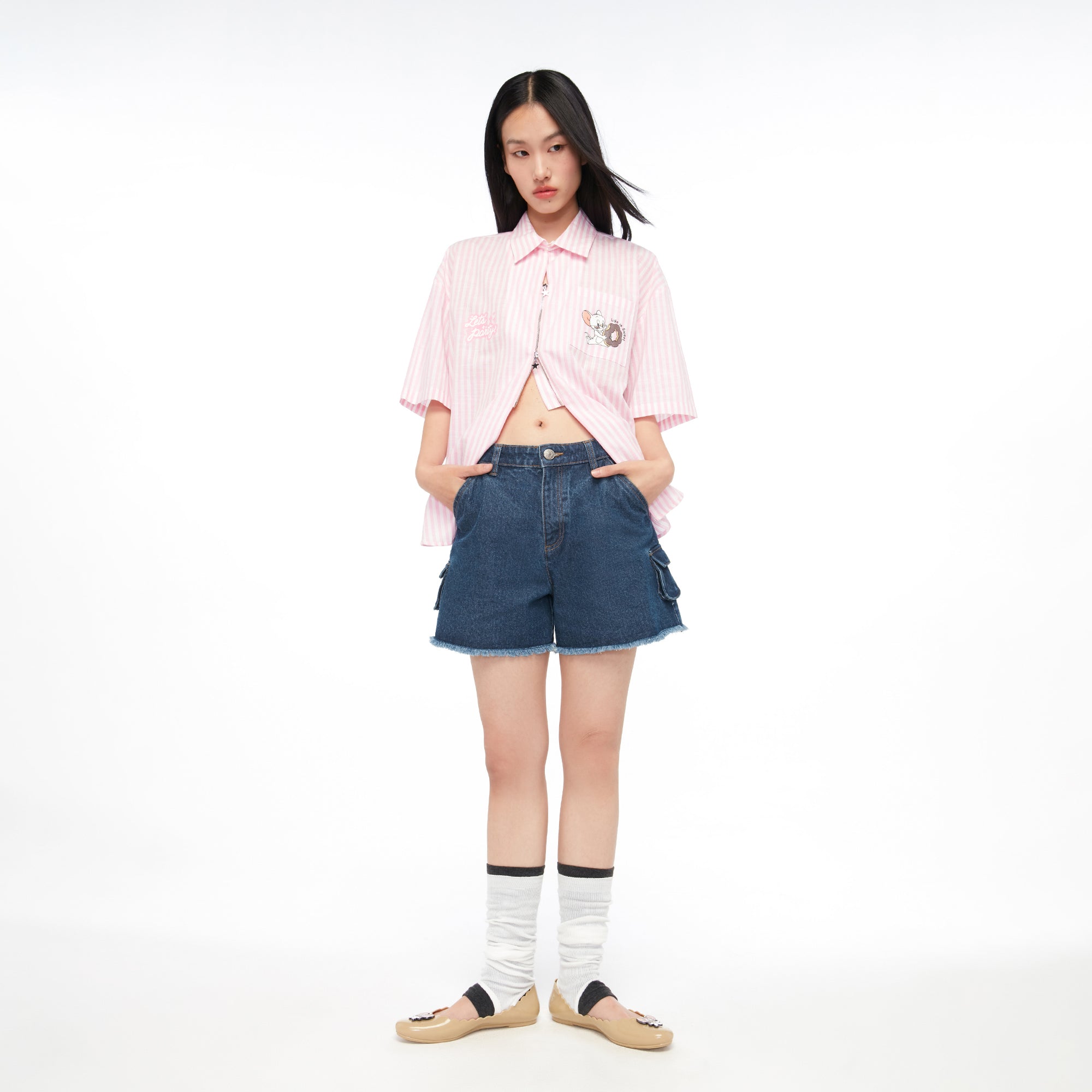 เสื้อเชิ้ตแขนสั้นลายทางพิมพ์ลาย Tom and Jerry Pink