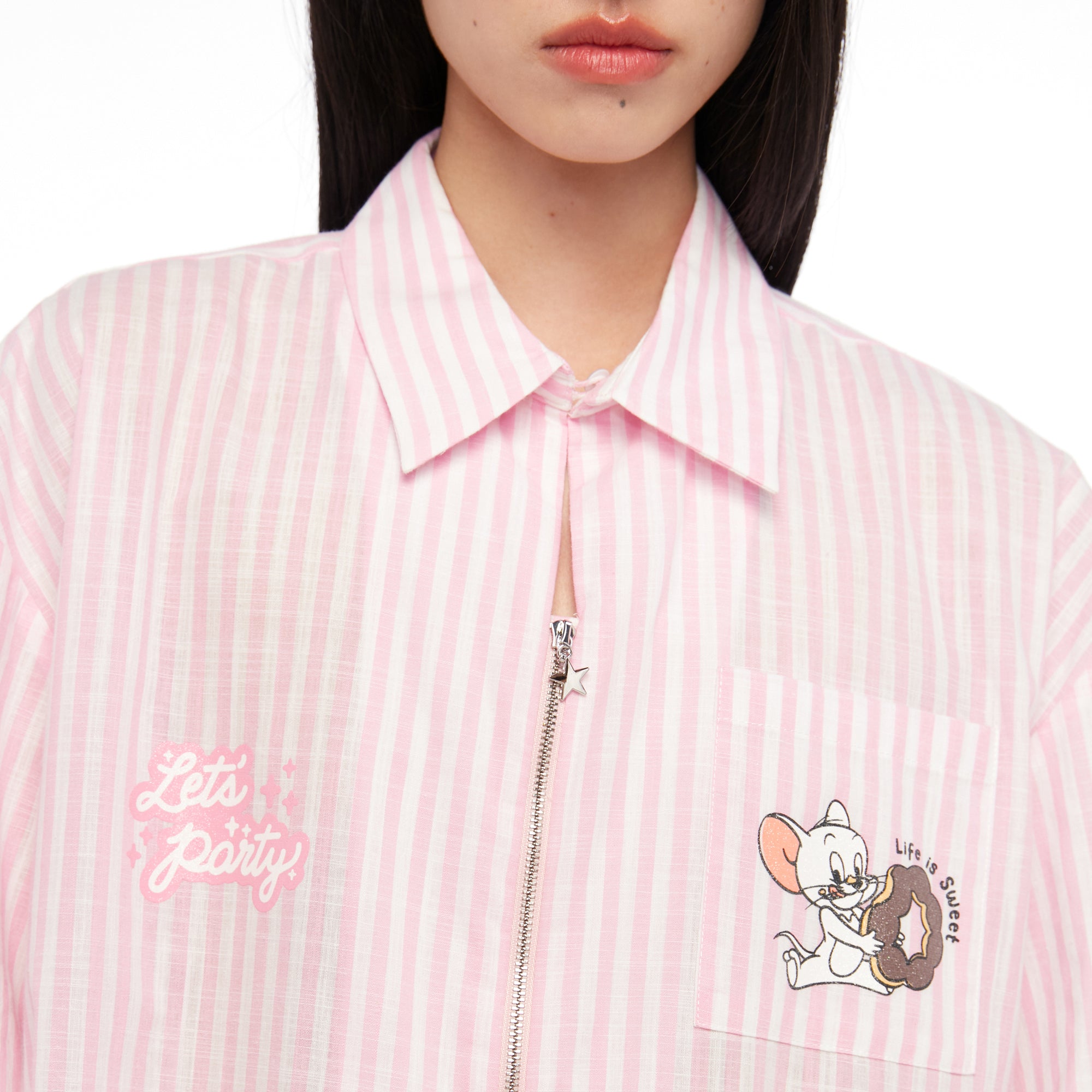 เสื้อเชิ้ตแขนสั้นลายทางพิมพ์ลาย Tom and Jerry Pink