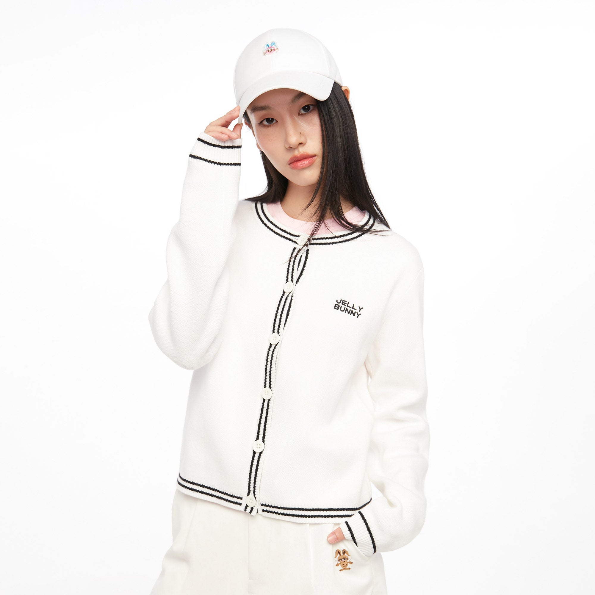 Logo Crewneck Long Sleeve Cardigan White