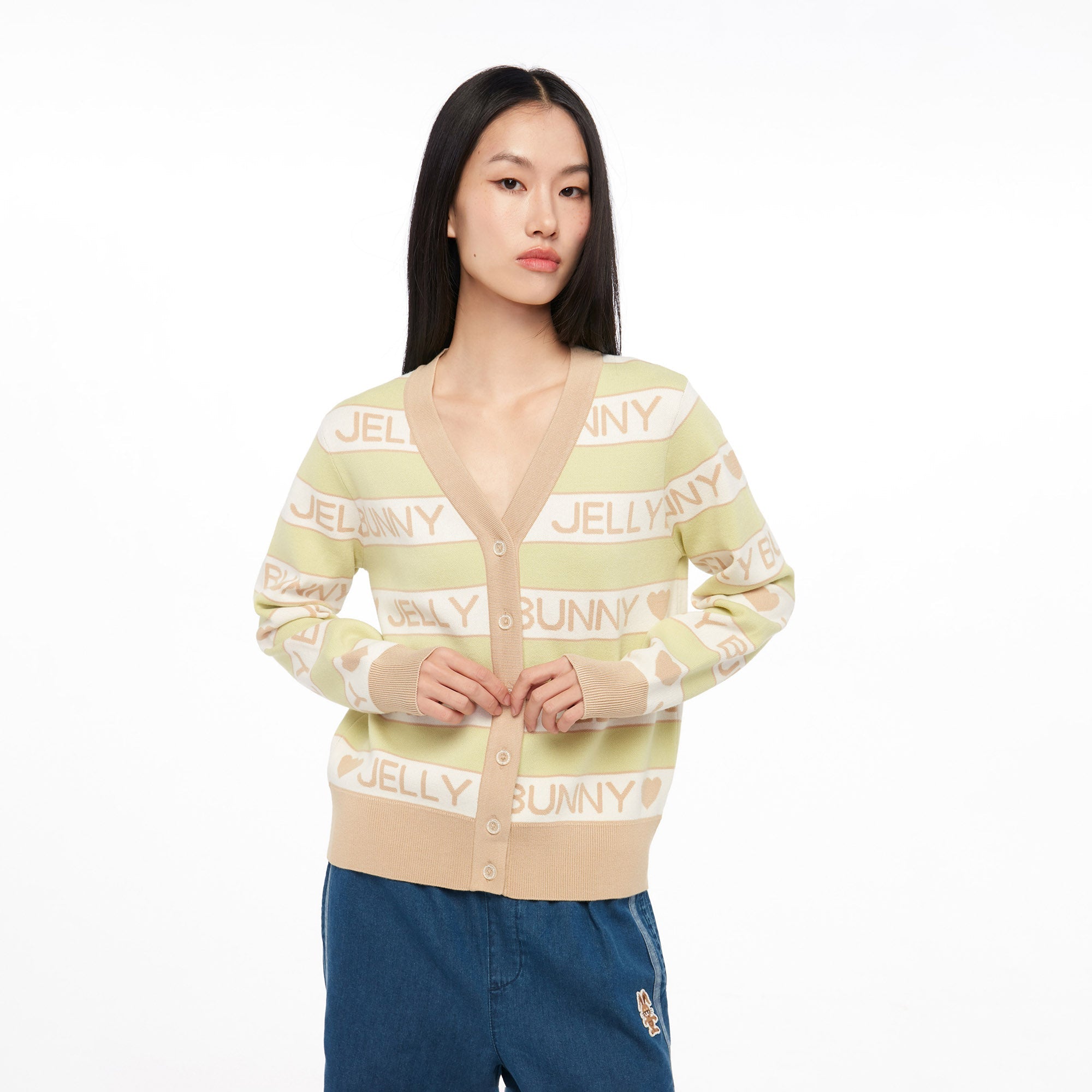 Logo V Neck Long Sleeve Cardigan Green