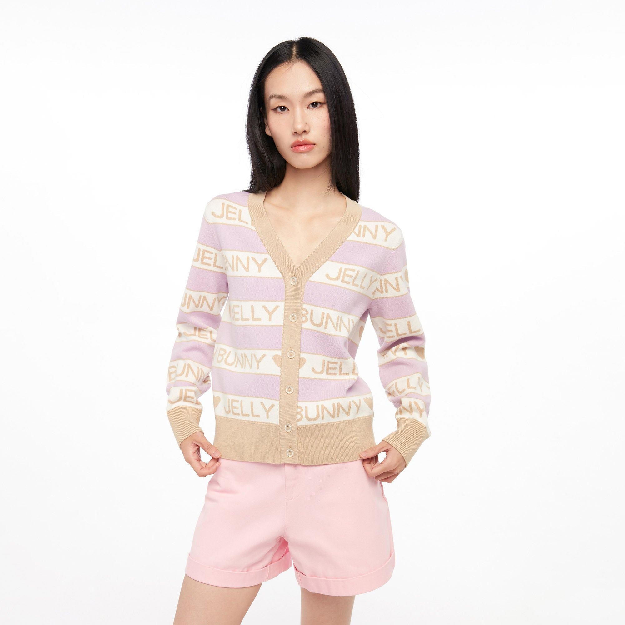 Logo V Neck Long Sleeve Cardigan Purple