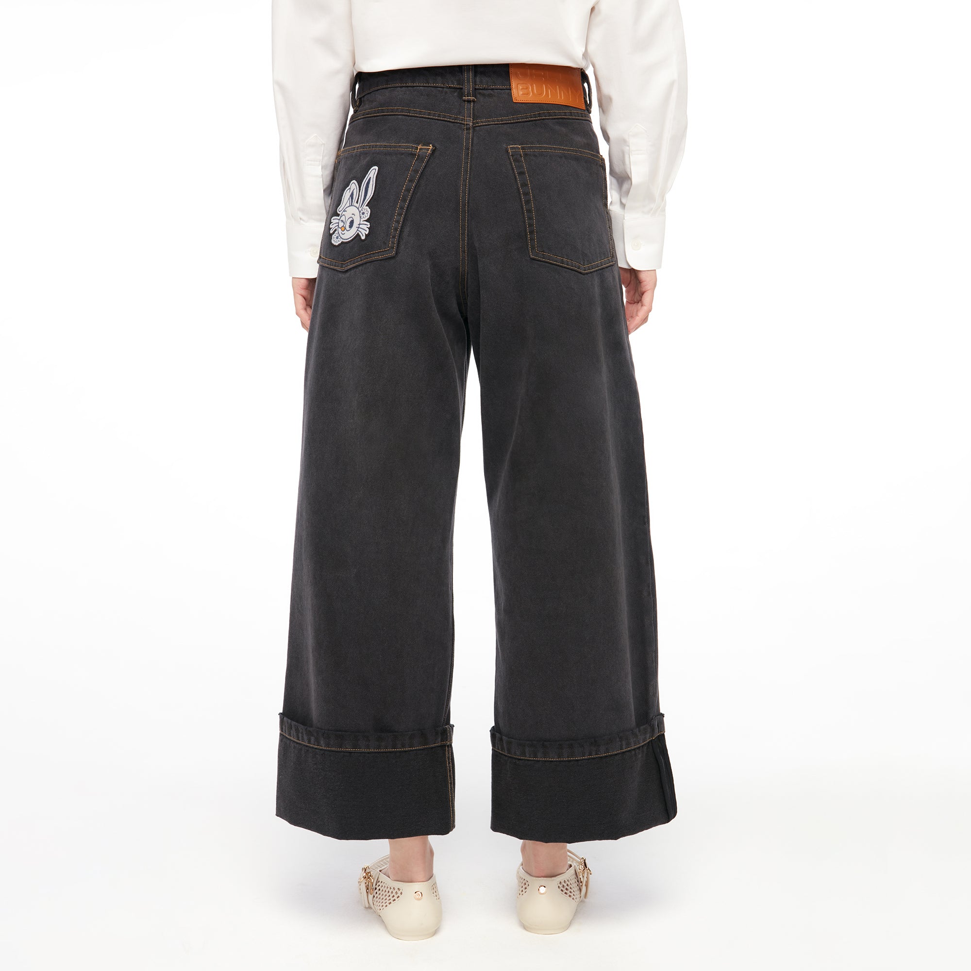 Turn Up Wide Leg Denim Pants Black