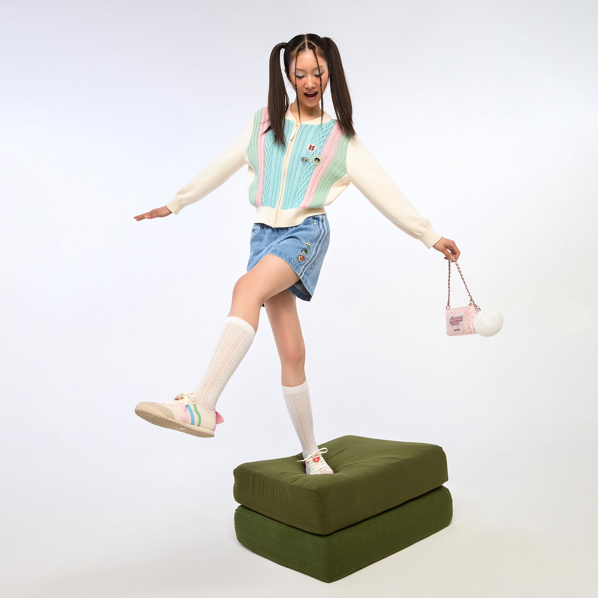 Powerpuff Girl Cable Knitted Zip Up Cardigan Multi Color