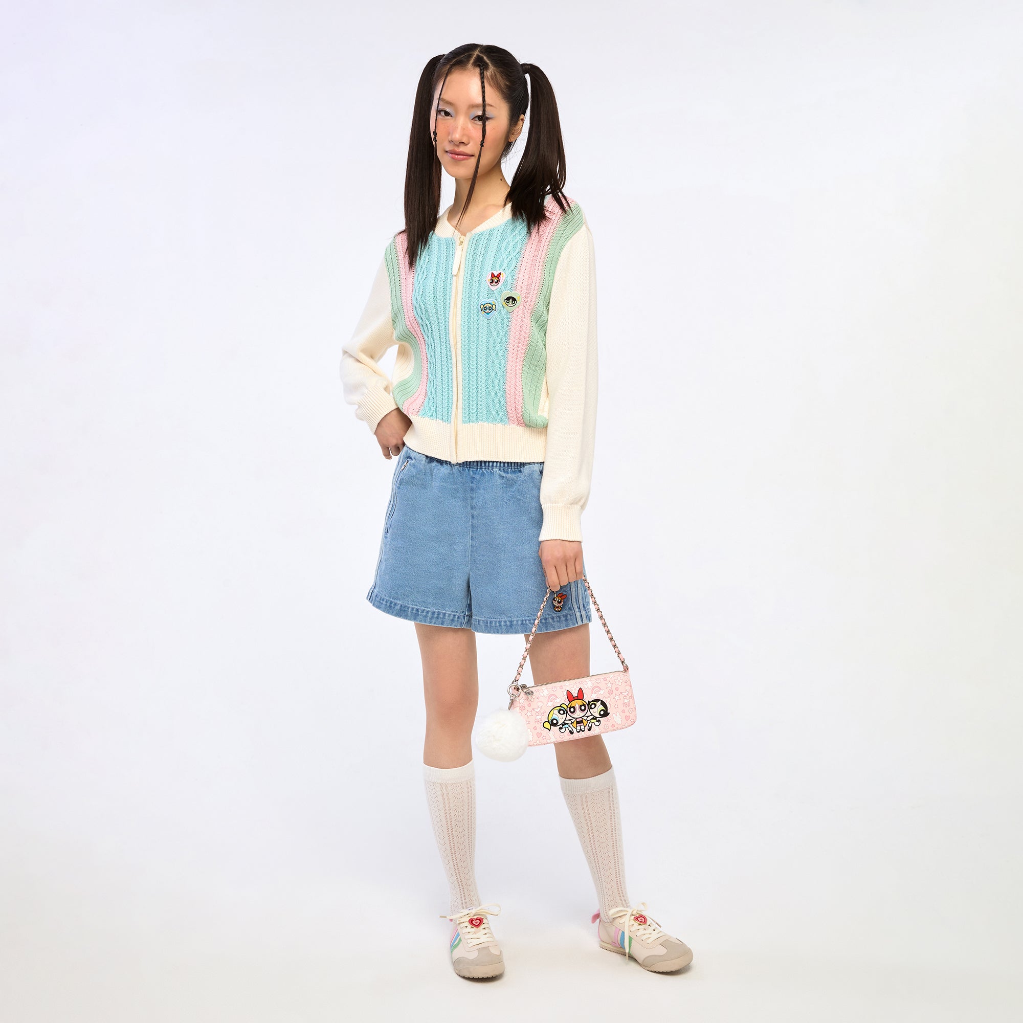Powerpuff Girl Cable Knitted Zip Up Cardigan Multi Color