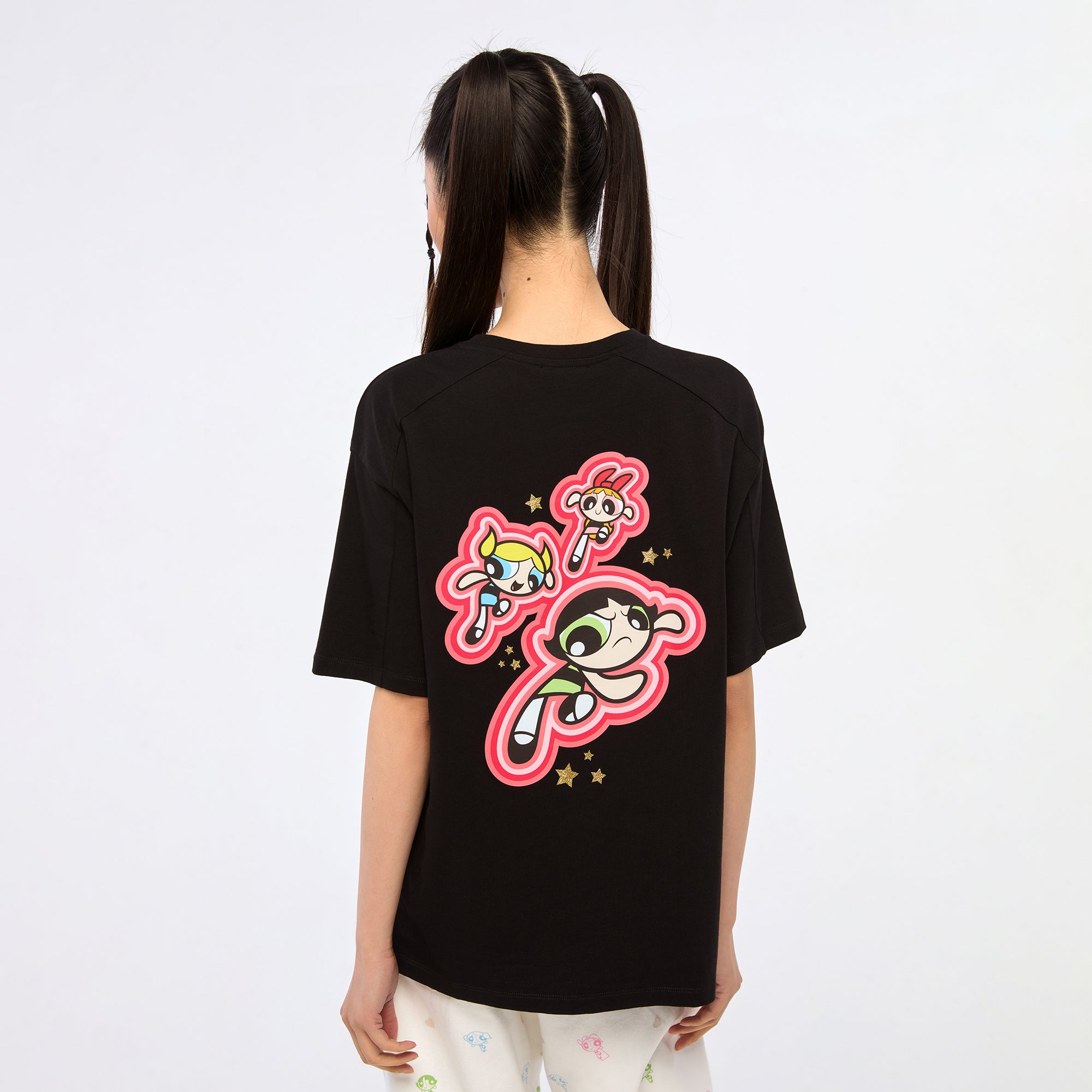 เสื้อยืดแขนสั้นปั๊มลาย Powerpuff Girls Black