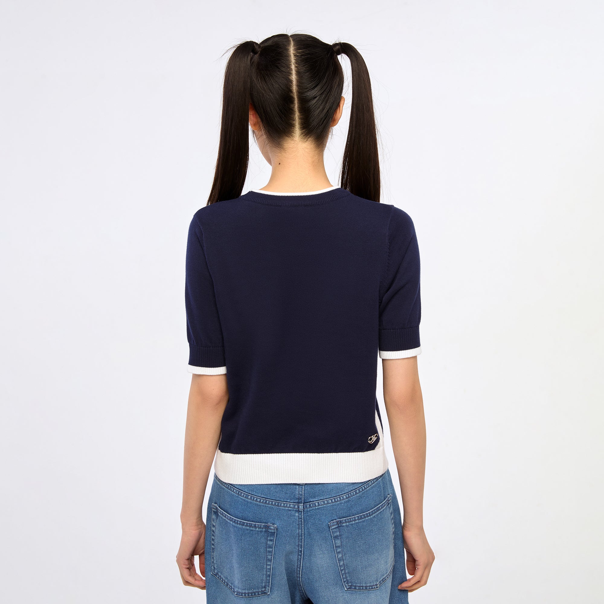 เสื้อถักแขนสั้นปักลาย Powerpuff Girl Navy