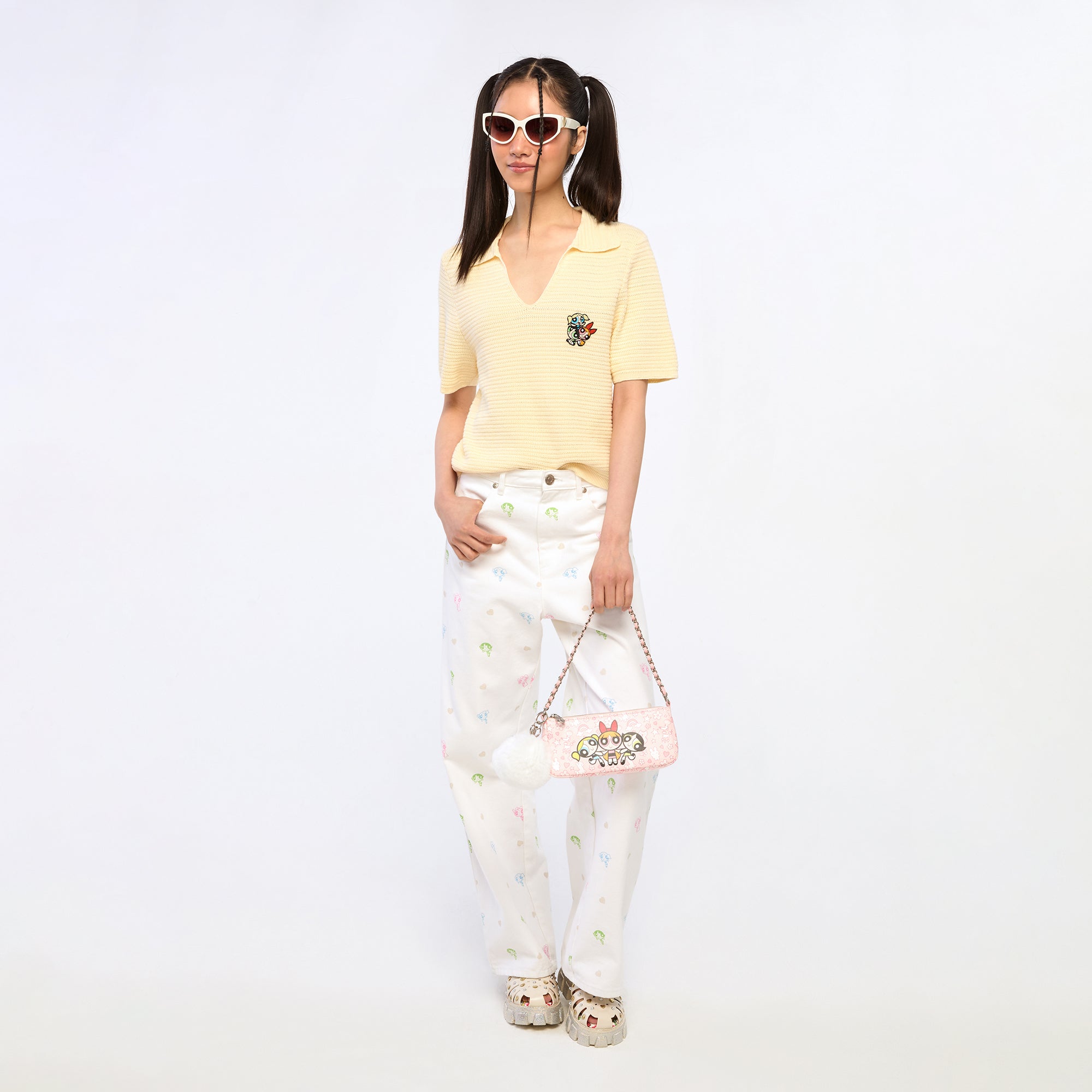 Powerpuff Girl Embroidery Knitted Top Cream