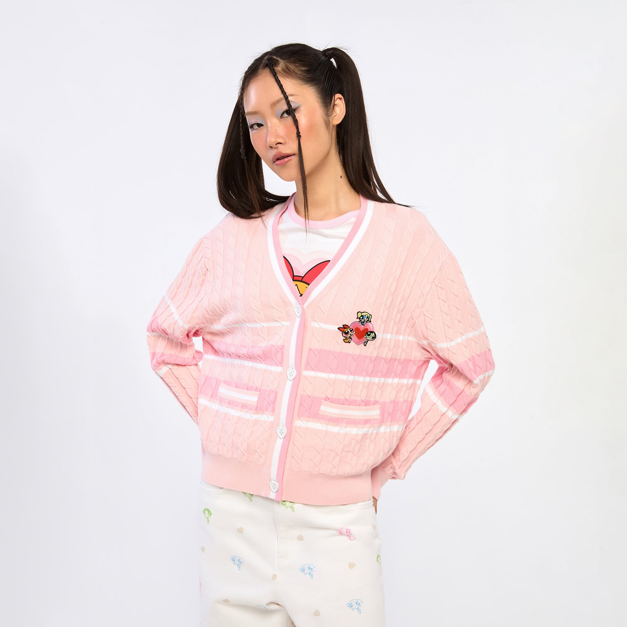 Powerpuff Girl Cable Knitted Cardigan Pink