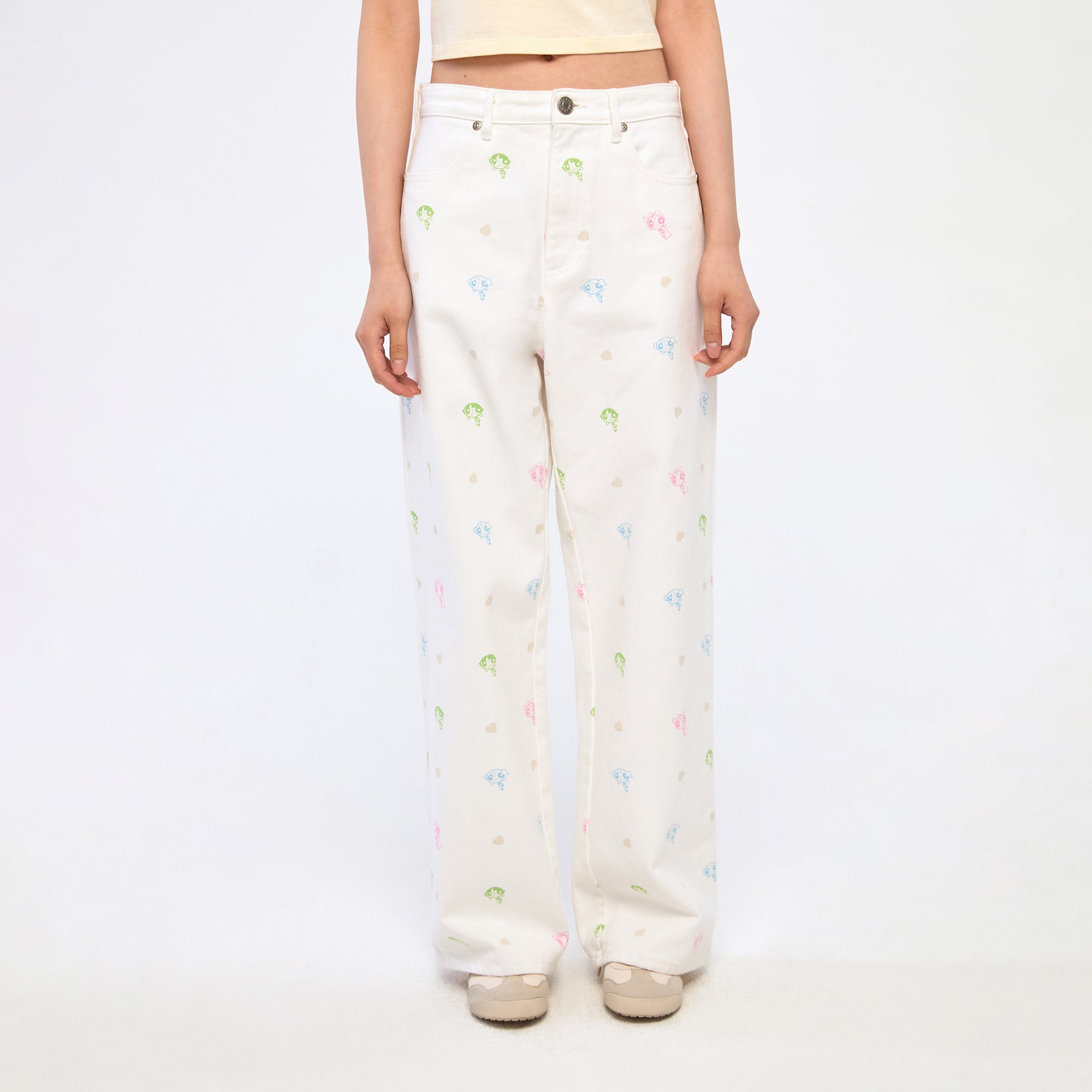 Powerpuff Girl Print Wide Leg Pants White
