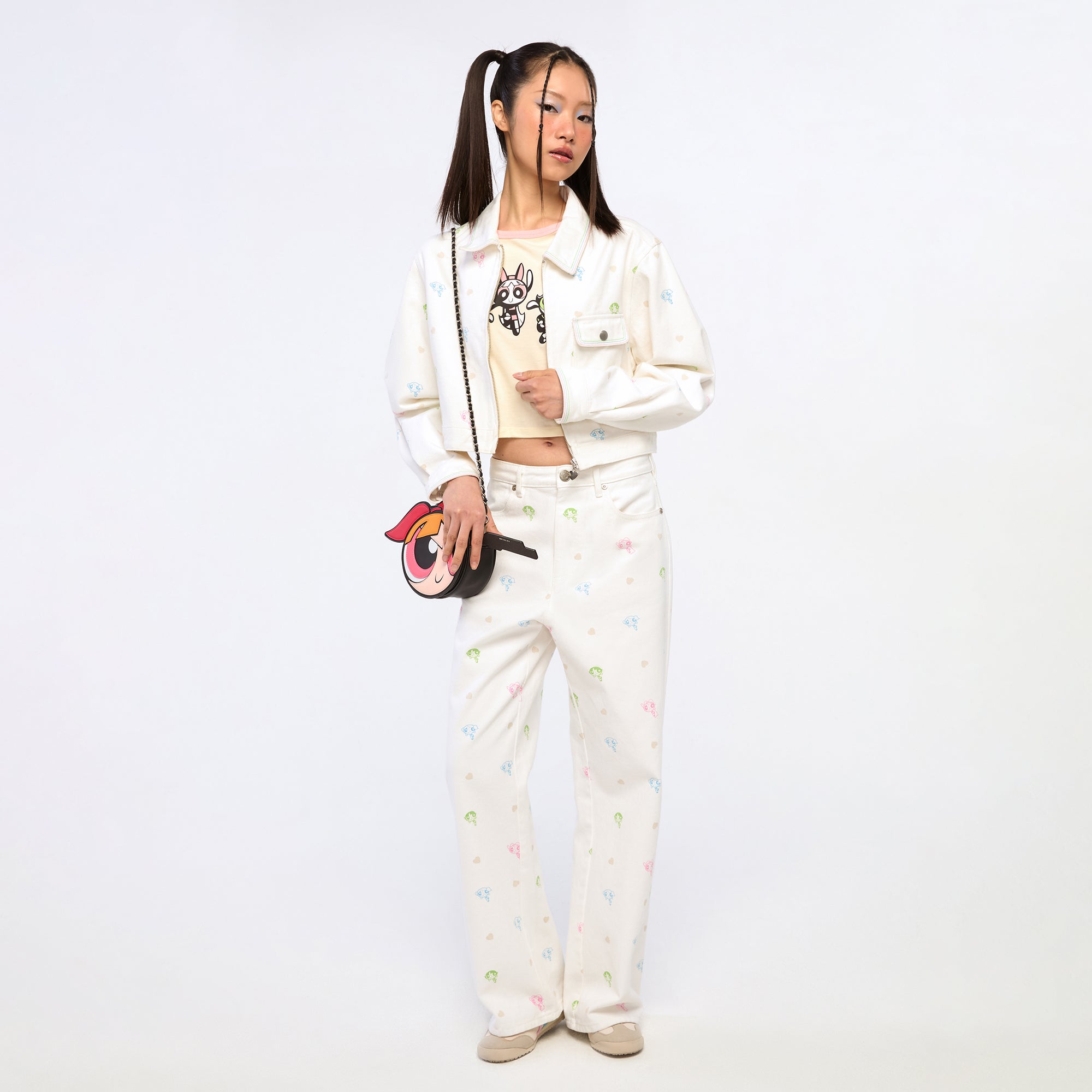 Powerpuff Girl Print Wide Leg Pants White