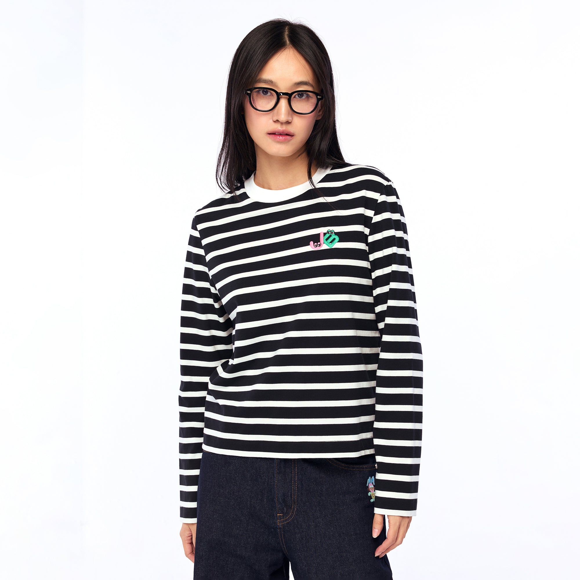 เสื้อแขนยาวลายทางปักโลโก้ Black