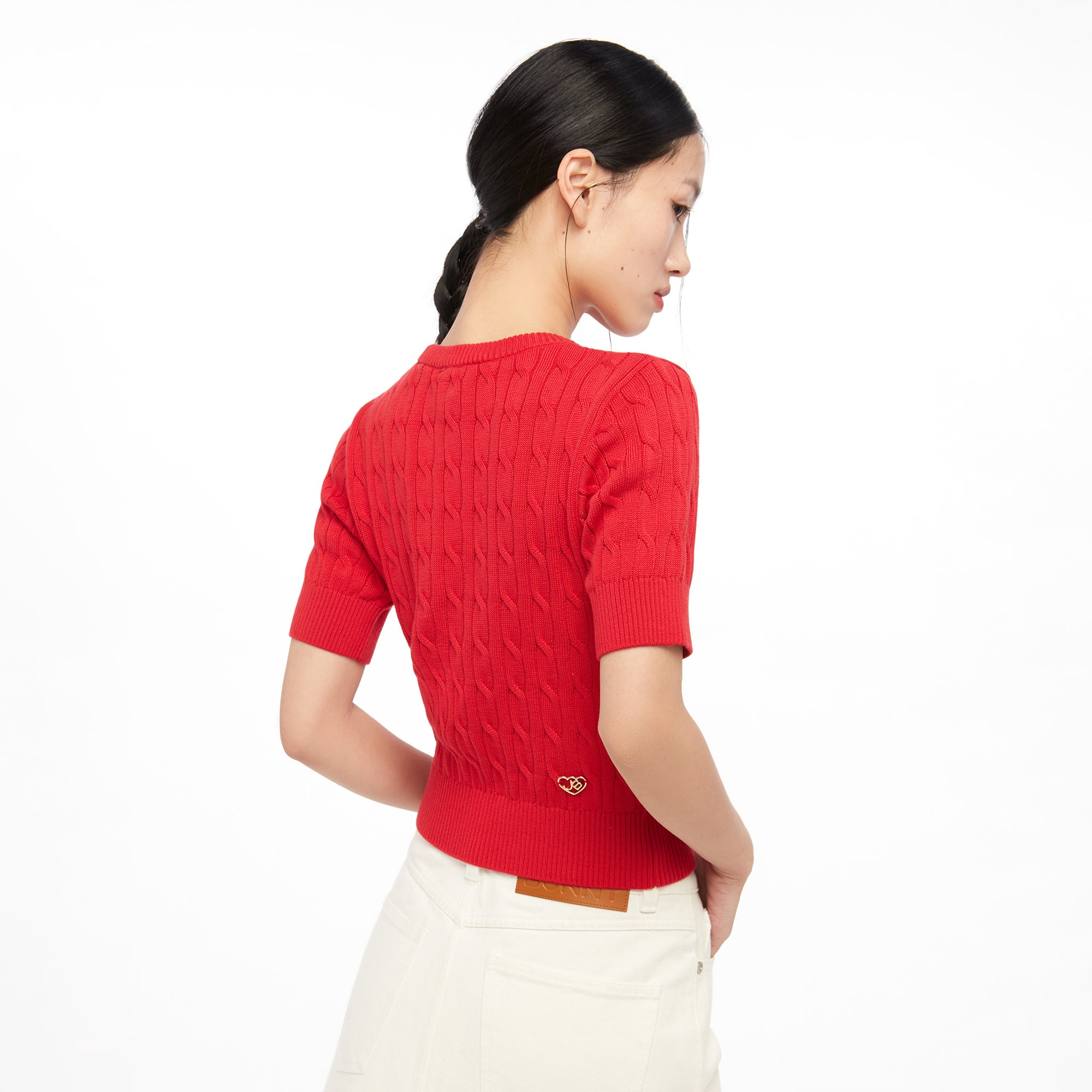 Cable Knitted Short Sleeve Top Red