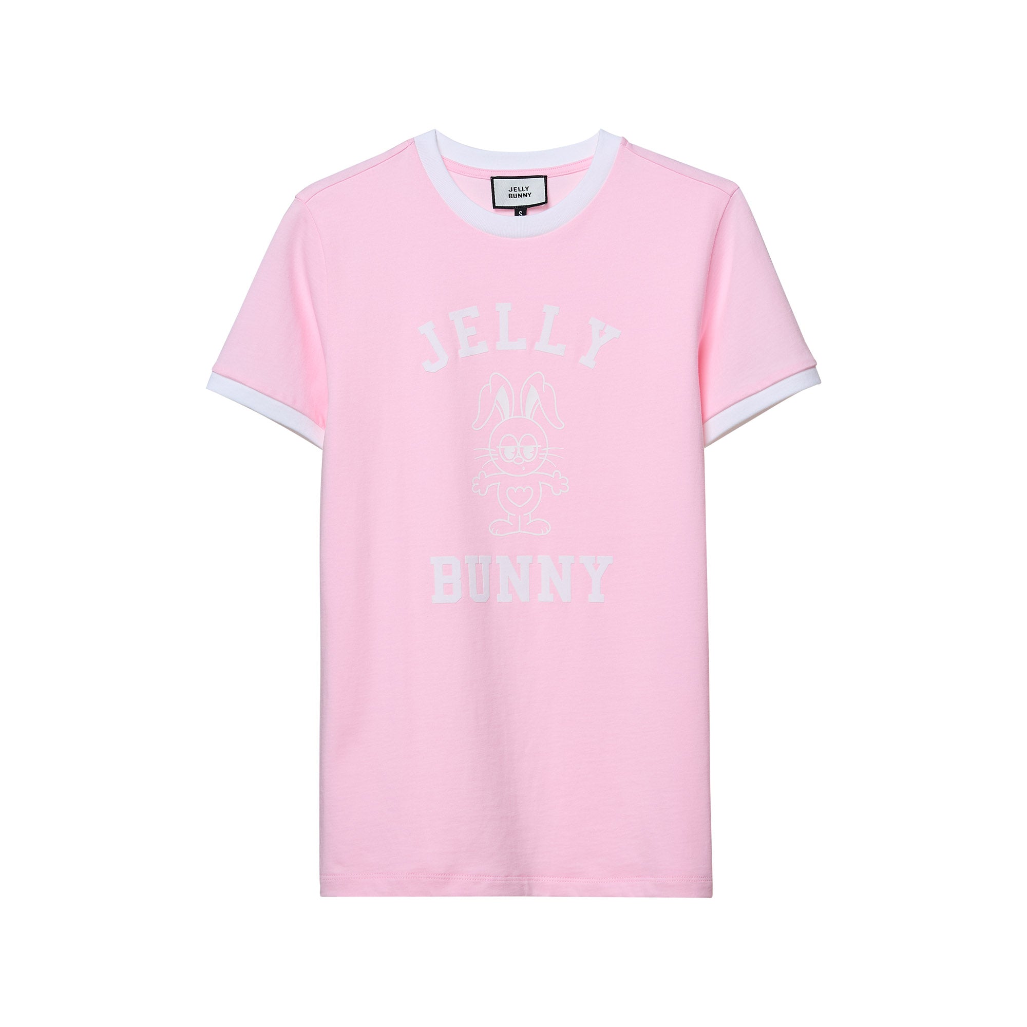 เสื้อยืดแขนสั้นขอบสีคอนทราสต์พิมพ์ลาย Jerme Pink