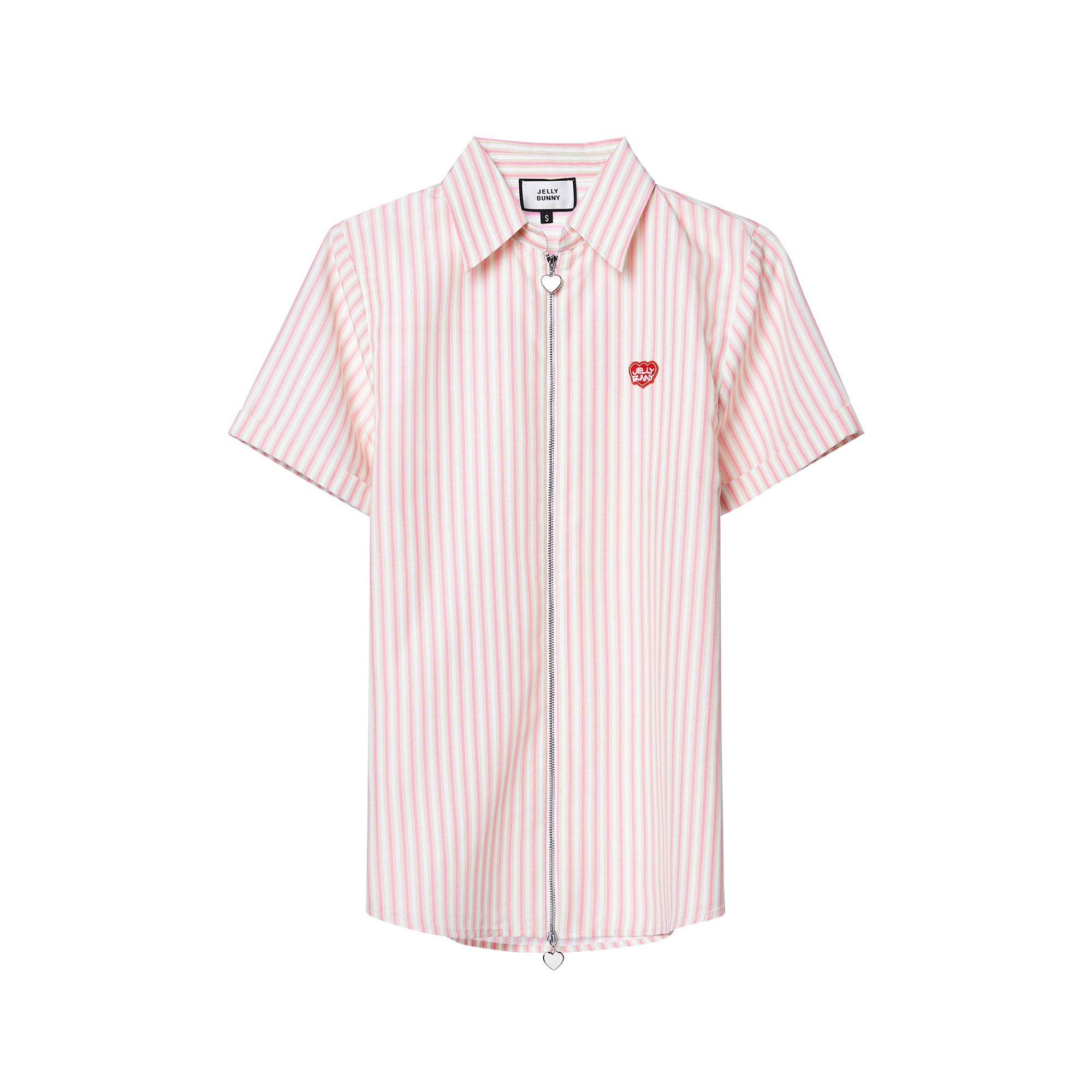 เสื้อเชิ้ตแขนสั้นลายทางแต่งโลโก้แพทช์ Pink