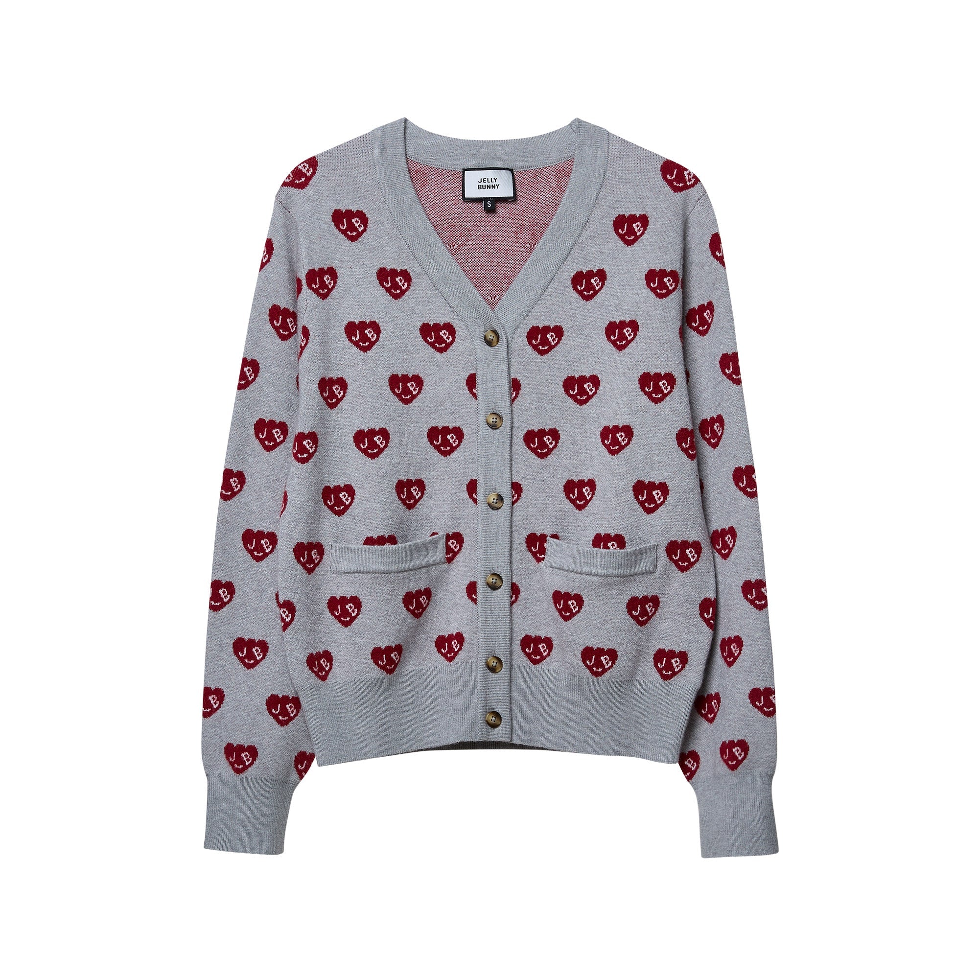 เสื้อคาร์ดิแกนแขนยาวพร้อมลายปักโลโก้รูปหัวใจ Grey