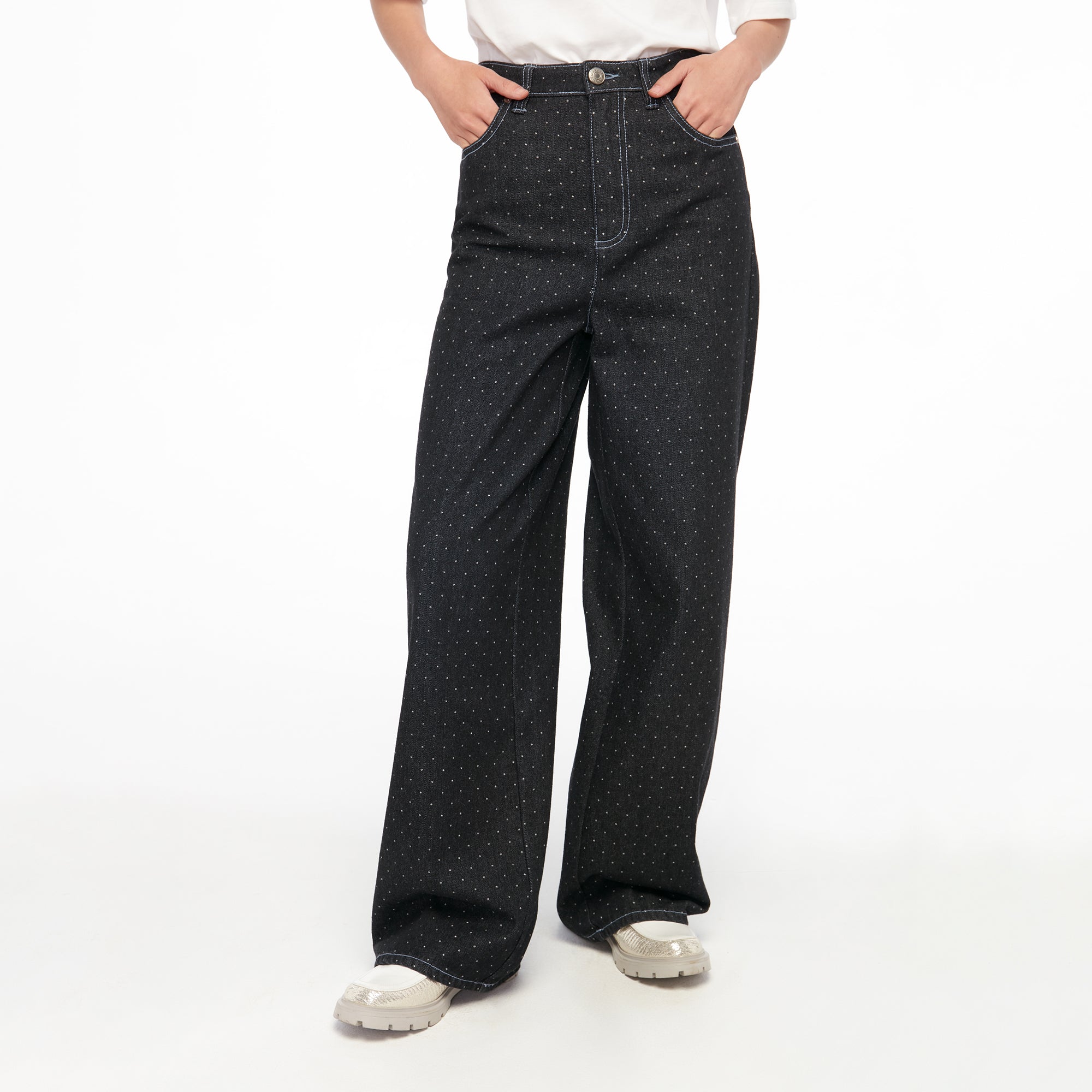 Dot Wide Leg Denim Pants Black