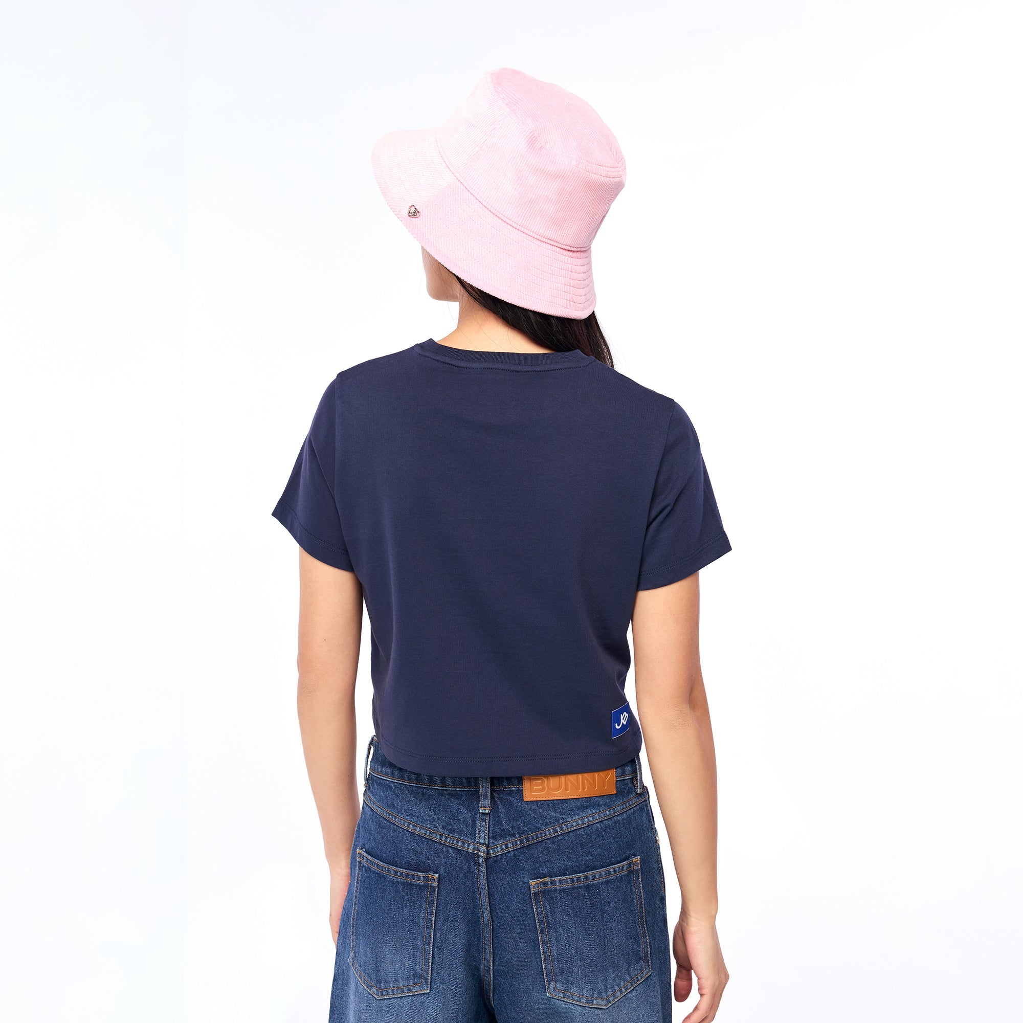 เสื้อครอปแขนสั้นปักโลโก้คอนทราสต์ Navy