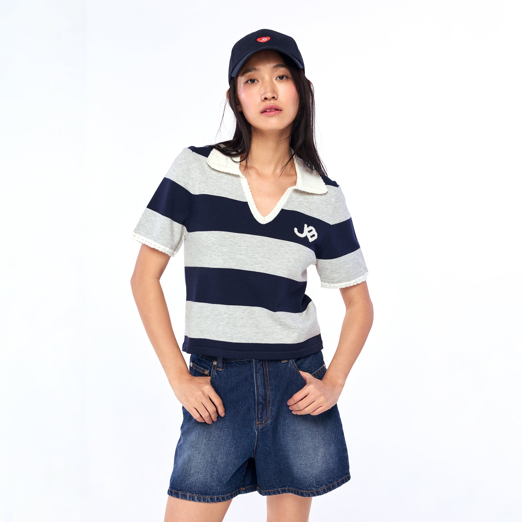 เสื้อแขนสั้นลายทางแต่งขอบลอน Navy