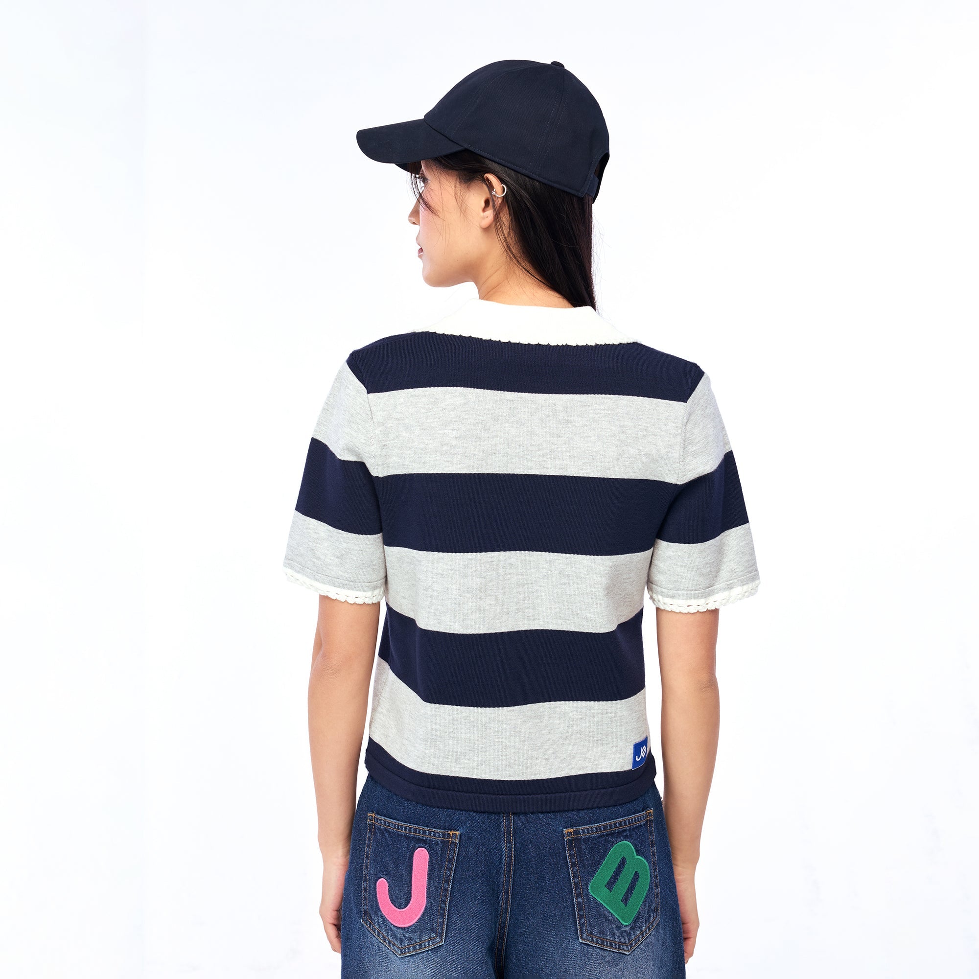 เสื้อแขนสั้นลายทางแต่งขอบลอน Navy